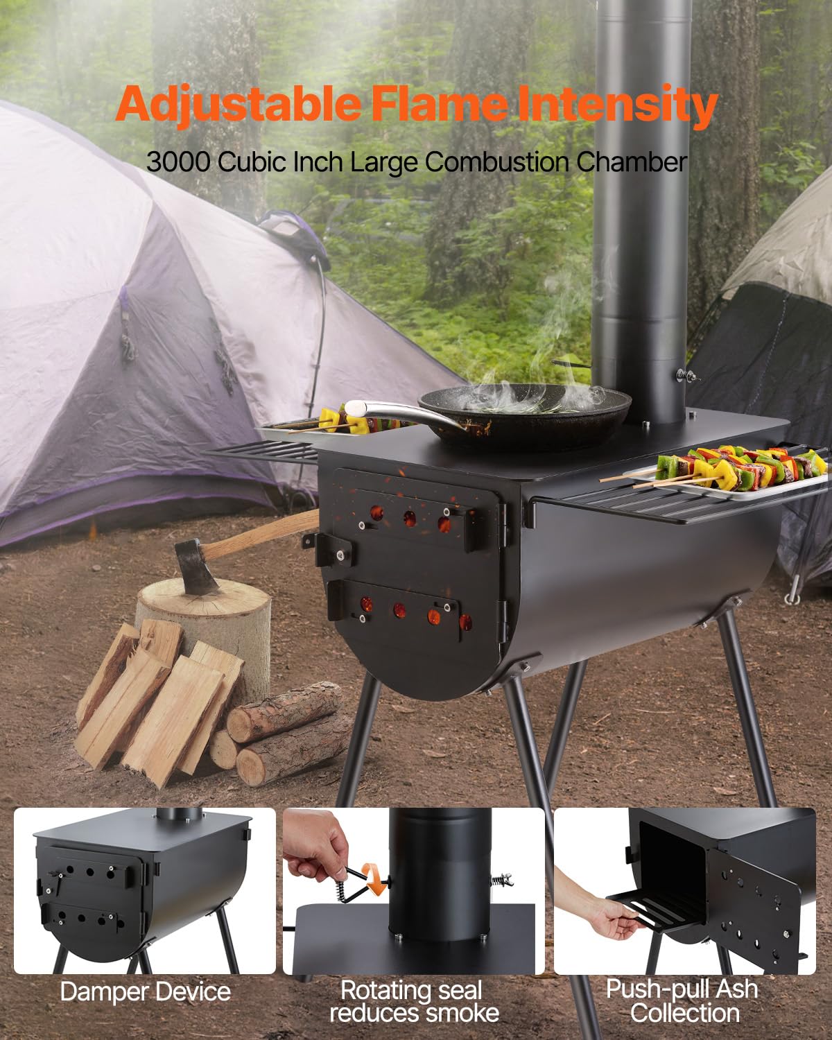 VEVOR 118" Camping Wood Stove, Portable Alloy Steel Tent Stove with 3000in³ Firebox, Outdoor Heating & Cooking Stove with Chimney Pipes & Gloves, Includes 8 Pipes for Efficient Heating