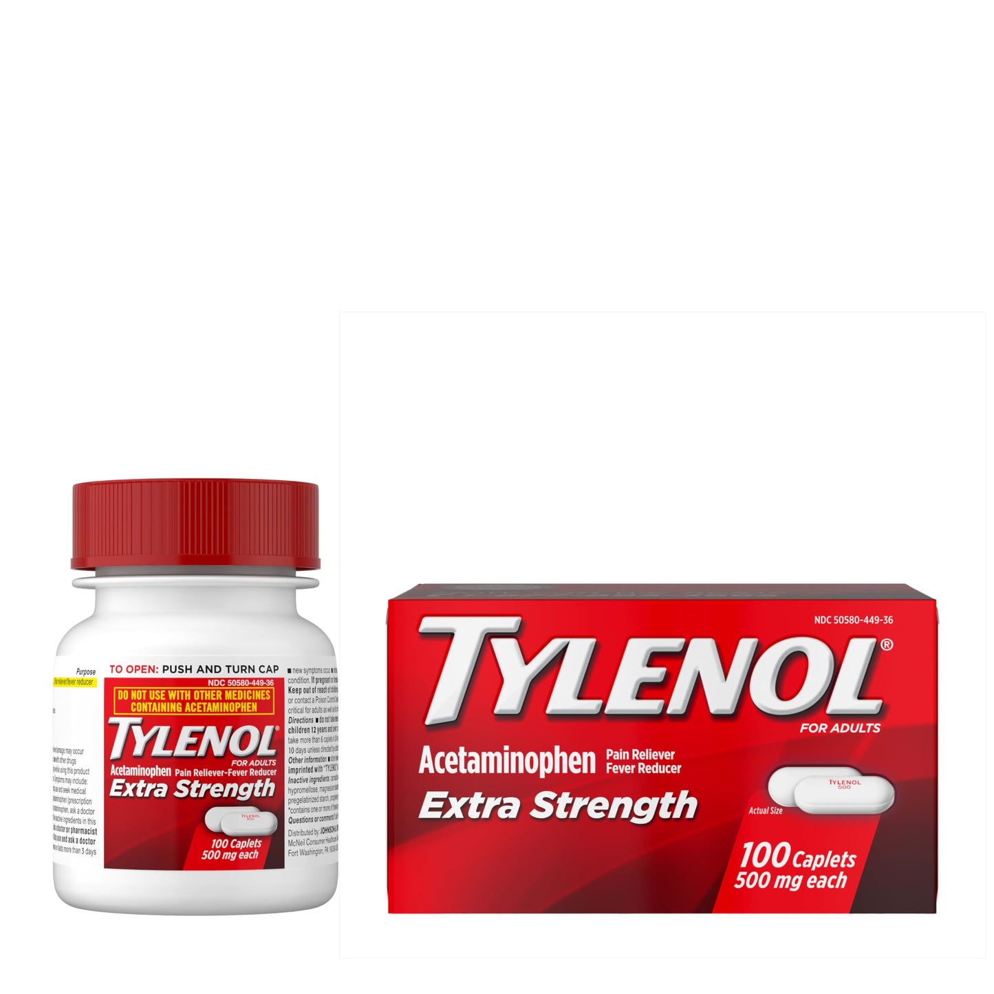 Tylenol Extra Strength Pain Relief Pills, Acetaminophen 500mg Caplets, Pain Reliever and Fever Reducer Medicine for Headache, Backache, Toothache & Minor Arthritis, 100 Count Bottle