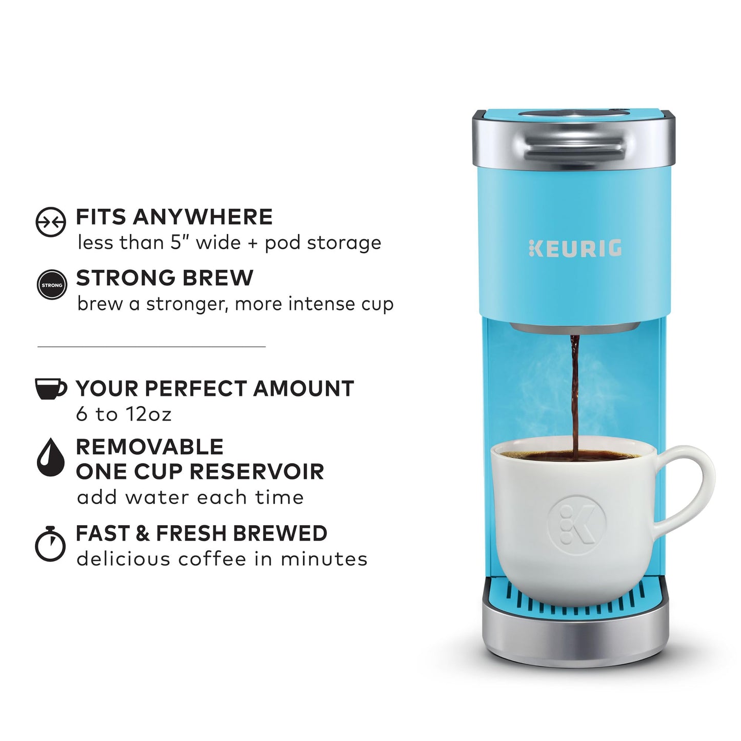 Keurig K-Mini Plus Single Serve K-Cup Pod Coffee Maker, with 6 to 12oz Brew Size, Stores up to 9 K-Cup Pods, Travel Mug Friendly, 1500 watts, Cool Aqua