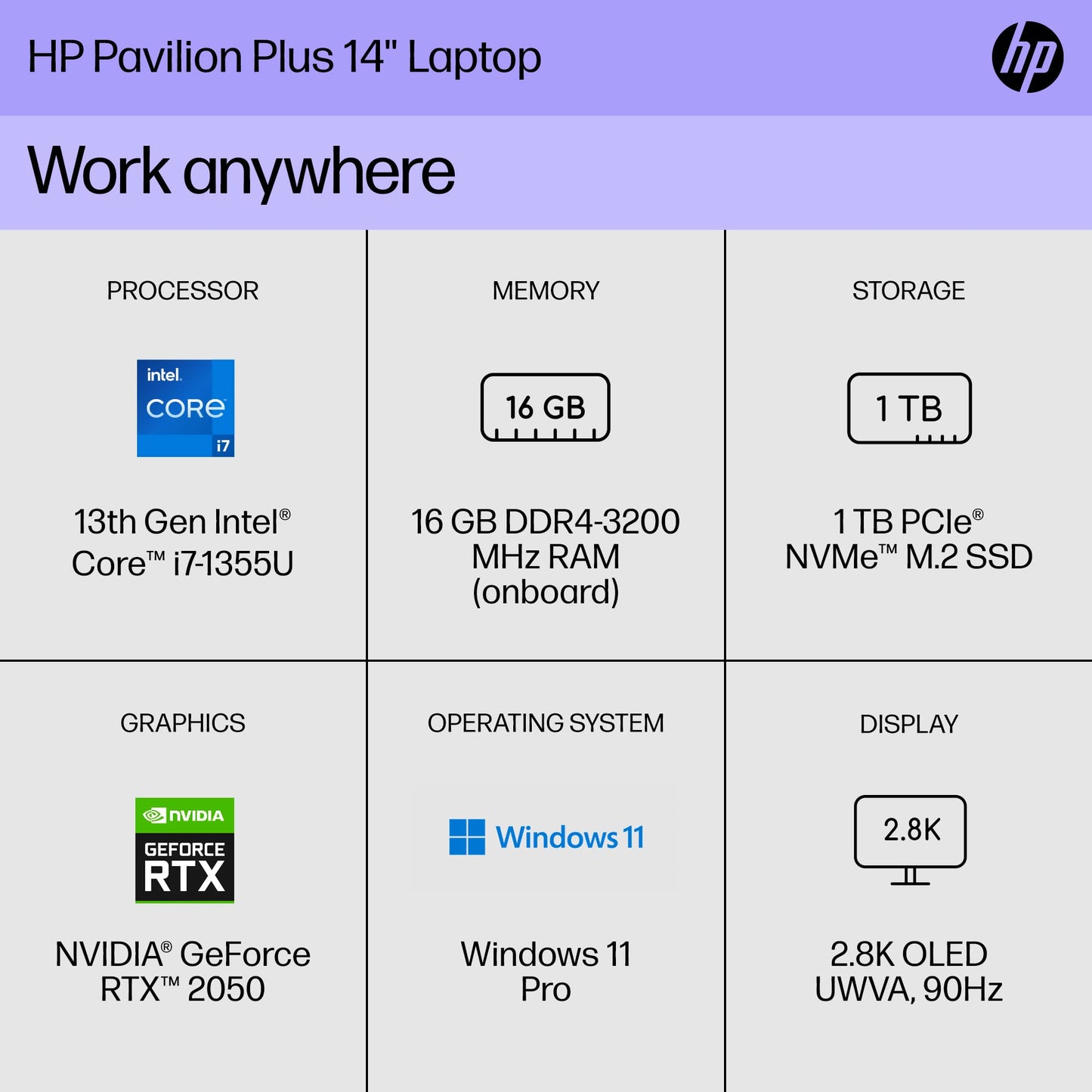 HP Pavilion Plus 14 inch Laptop, 2.8K OLED Display, 13th Generation Intel Core i7-1355U, 16 GB RAM, 1 TB SSD, NVIDIA GeForce RTX 2050 Graphics, Windows 11 Pro, 14-eh1299nr (2023)