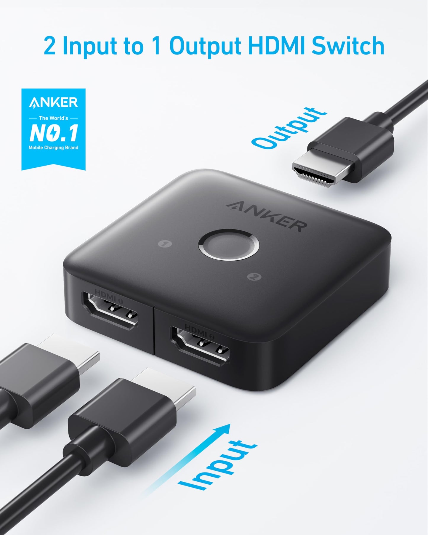 Anker HDMI Switch, 4K@60Hz HDMI Switcher, 2 in 1 Out with Smooth Finish, Supports HDR, 3D, Dolby, Compatible with Laptops, PC, Xbox Series, PS5 / PS4, Projector, and More