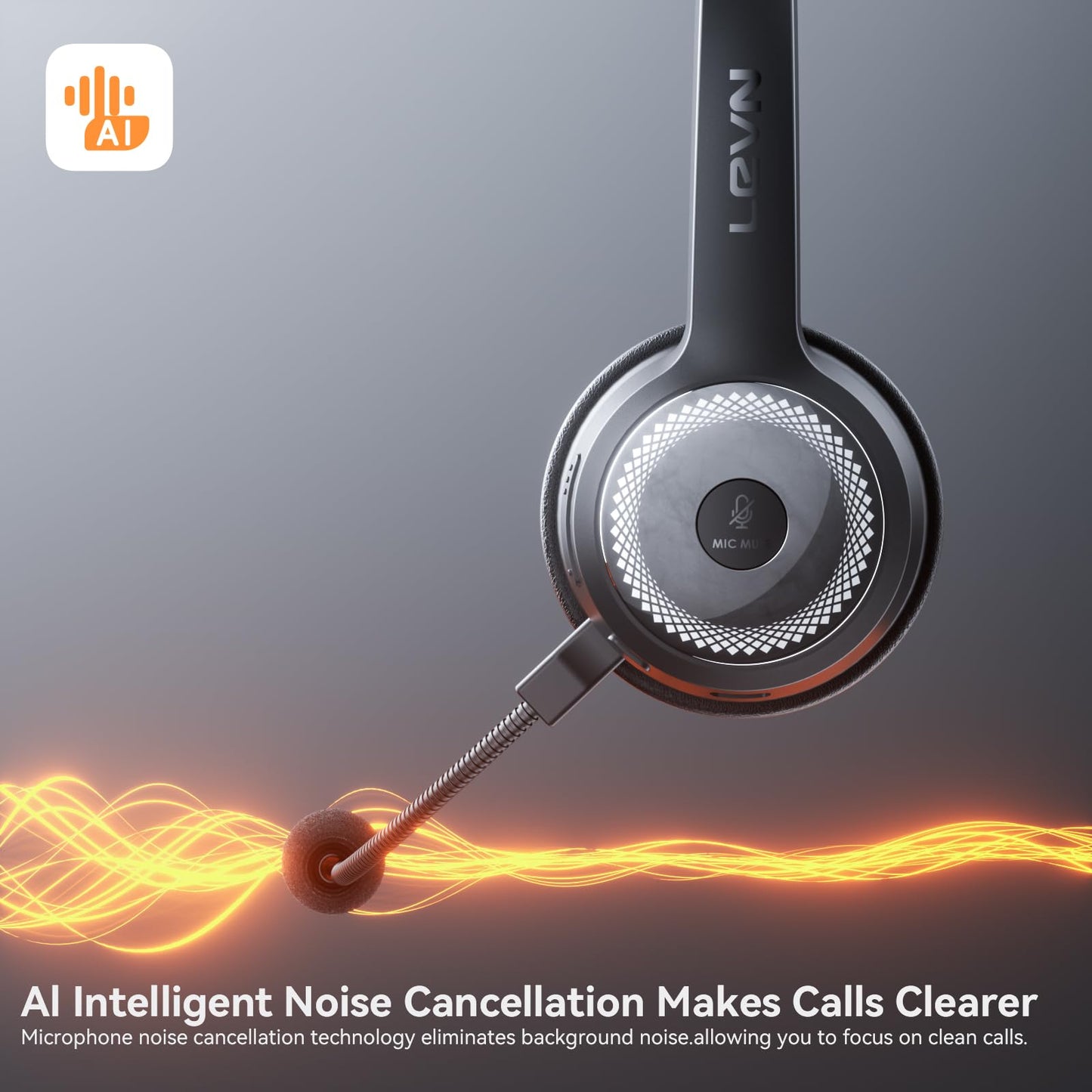 LEVN Wireless Headset with Mic for Work, Wireless Headphones with Mic (AI Noise Cancellation) & Charging Base, 45 Hours Talk Time, Perfect for Work from Home/Office/Call Center/PC/Laptop/Zoom, Black