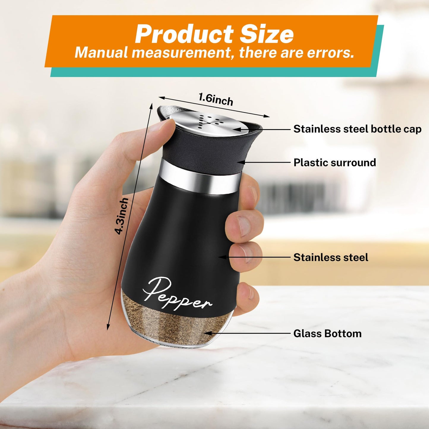 Salt and Pepper Shakers Set,4 oz Glass Bottom Salt Pepper Shaker with Stainless Steel Lid for Kitchen Gadgets Cooking Table, RV, Camp,BBQ Refillable Design (White + Black)