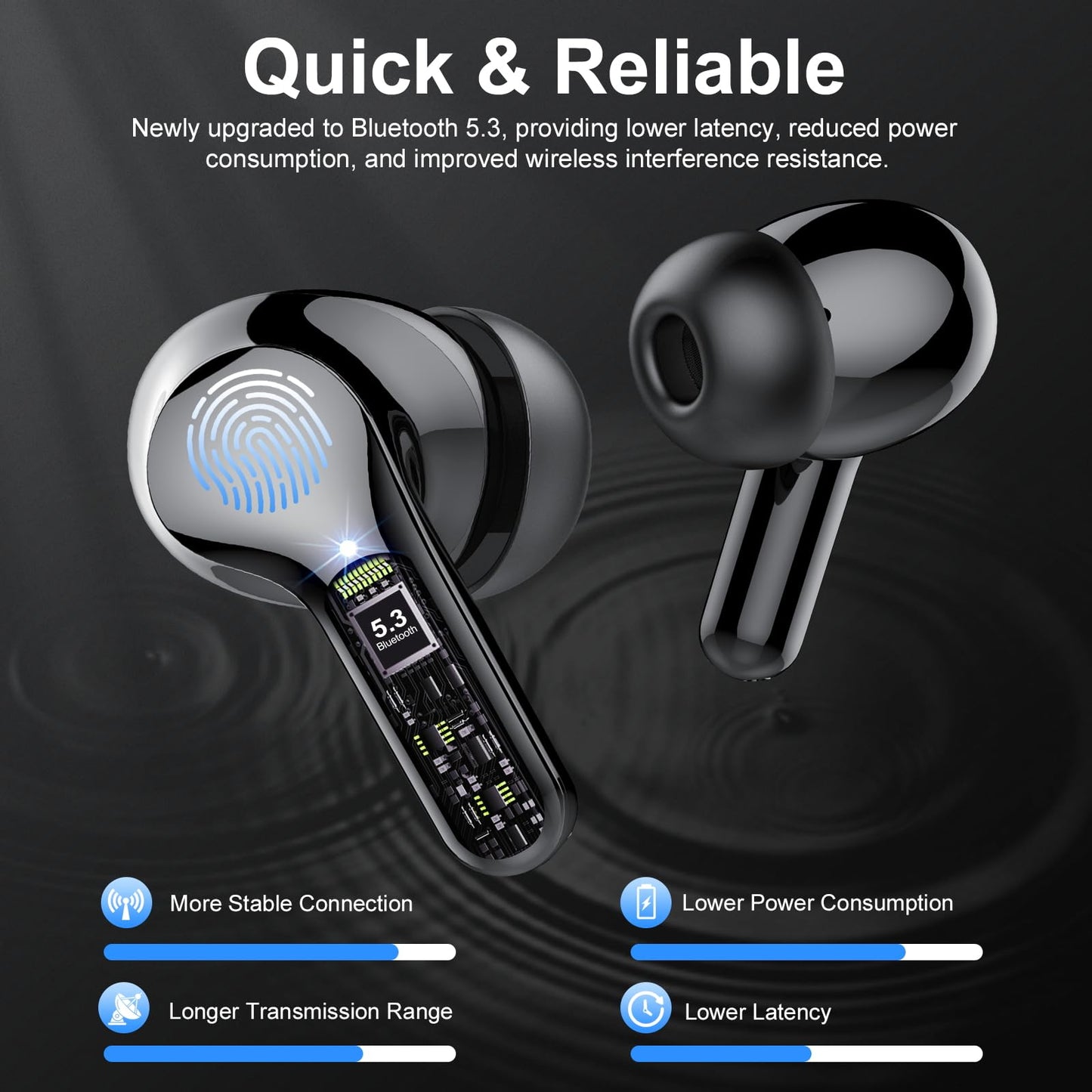 Wireless Earbuds, Bluetooth 5.4 Headphones HiFi Stereo, Bluetooth Earbuds with ENC Noise Cancelling Mic, IP7 Waterproof in Ear Earphones, 48H, LED Display Ear buds for Pad Workout Sports, Black