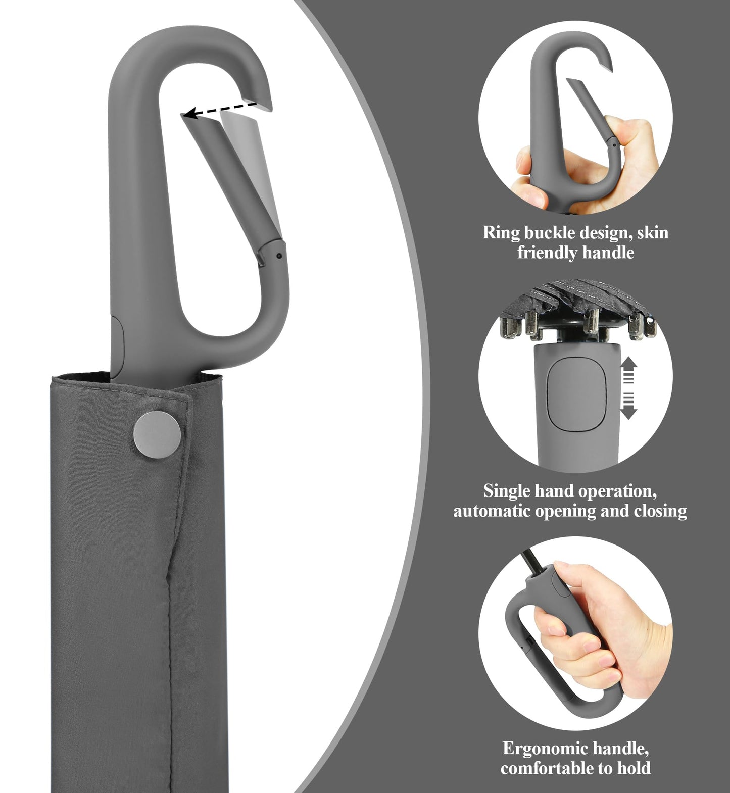 TUMAAOTU Compact Travel Umbrella, Grey, 14 in Length, 40 in Diameter, 10 Fiberglass Ribs, Waterproof, Easy to Carry