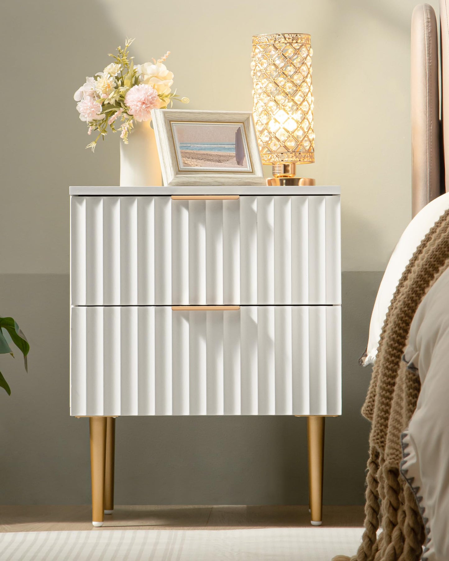 SICOTAS White Night Stand, Fluted Glossy Nightstand with 2 Drawers, Wide Modern Storage Bedside Table for Bedroom, End Side Table with Golden Metal Legs and Handles (White, 1 Piece)