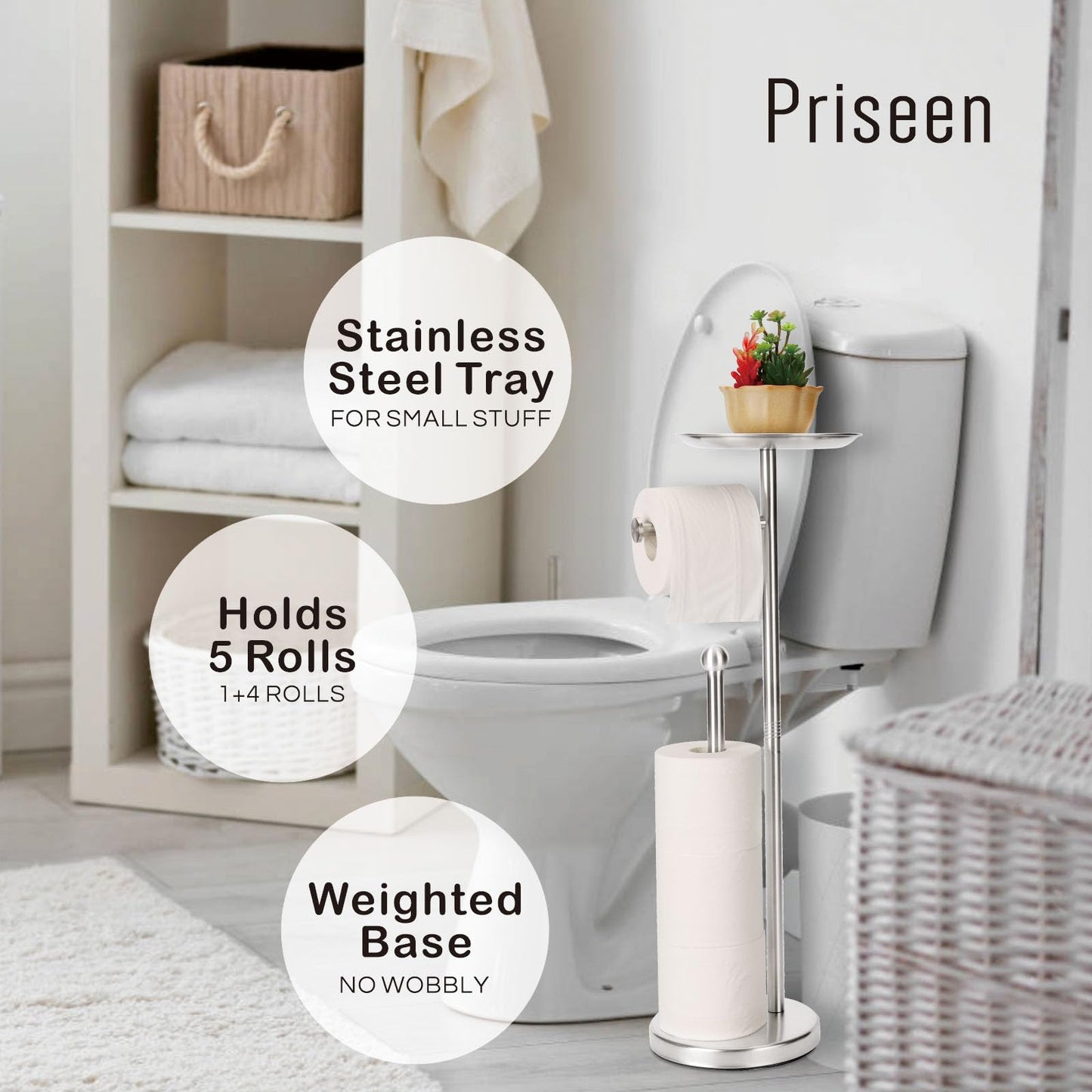 Toilet Paper Holder Stand with Phone Shelf, Freestanding TP Holder, Holds 5 Rolls, Stainless Steel (Brushed Nickel)
