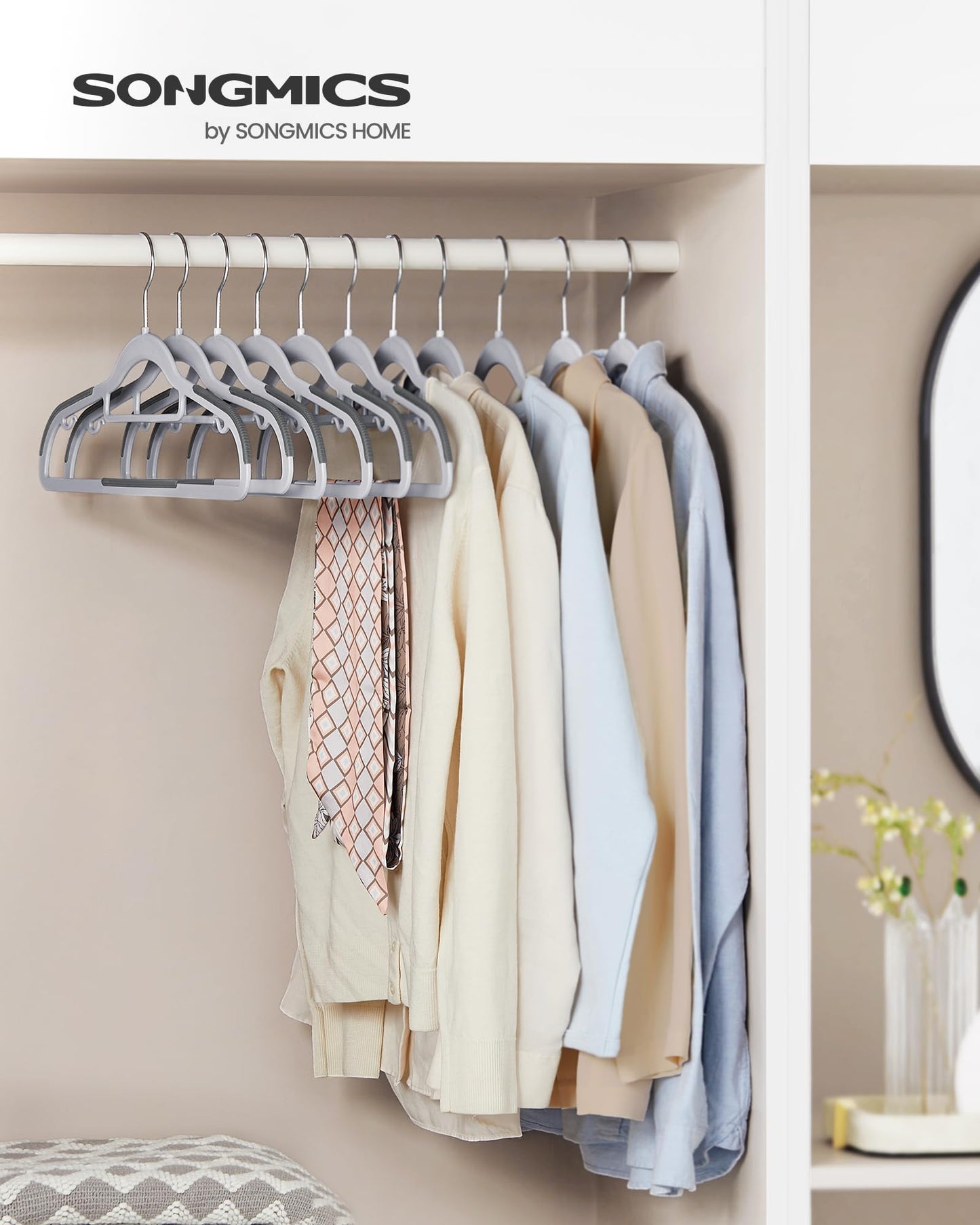 SONGMICS Pack of 50 Coat Hangers, Heavy-Duty Plastic Hangers, Non-Slip, Space-Saving Clothes Hangers, 0.2 Inches Slim, 16.5 Inches Wide, 360° Swivel Silver Hook, Light and Dark Gray UCRP20G50