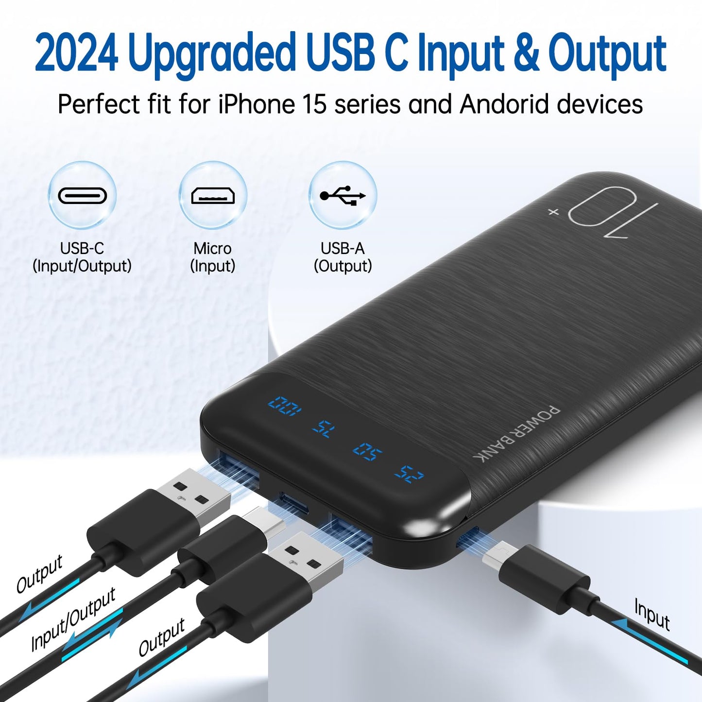 Power Bank 10000mAh Portable Charger Slim External Battery Pack with 2 USB 2.4A Outputs and USB C In/Out Compatible with Huawei iPhone 16 15 14 13 12 iPad Samsung Galaxy S20 Android Tablet (Black)