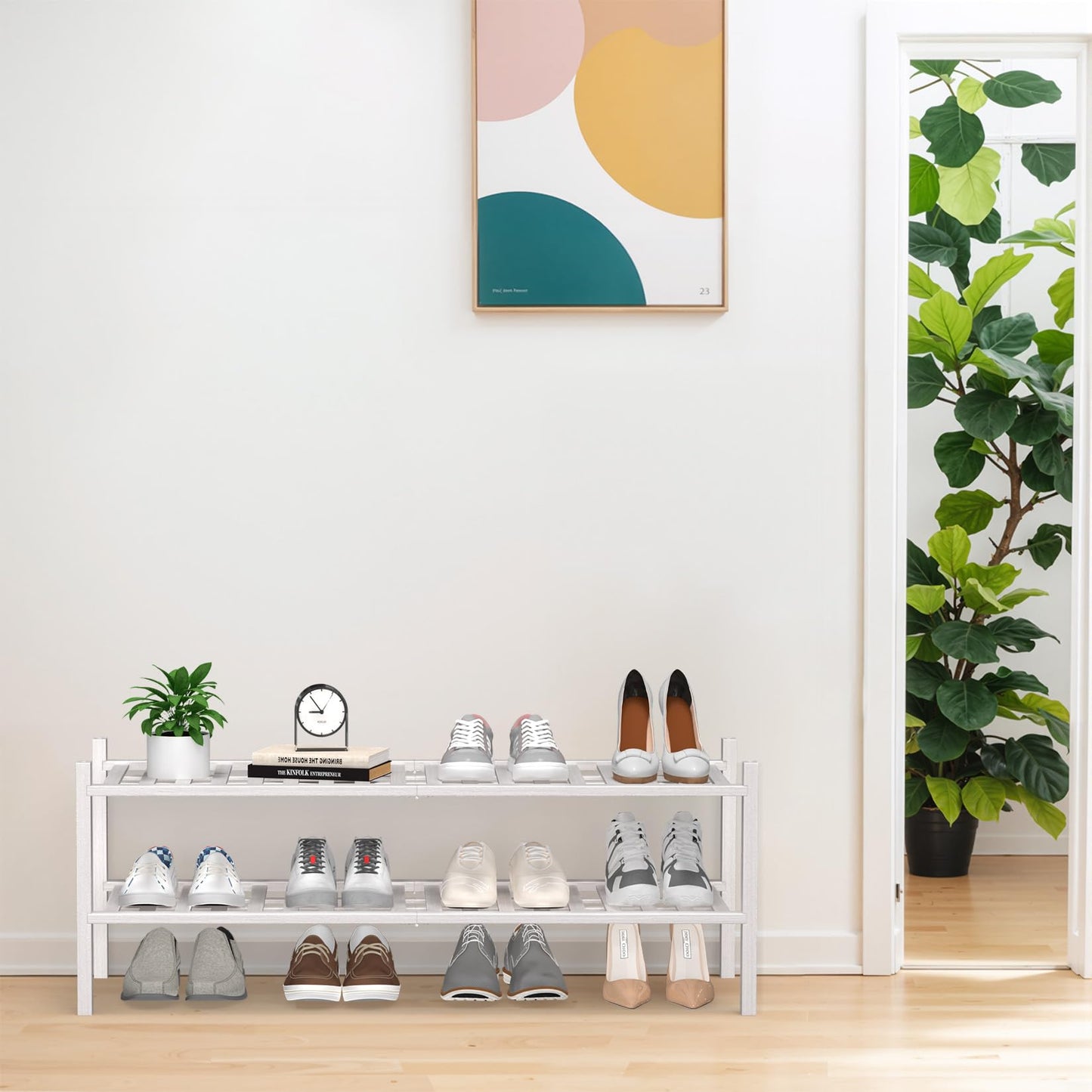 Haddockway Long 2 Tier Bamboo Shoe Rack Storage Organizer, Multifunctional Free Standing Stackable Shoe Shelf with Grid Panel for Closet,Hallway,Entryway,Small Space 34.2"x11"x13"