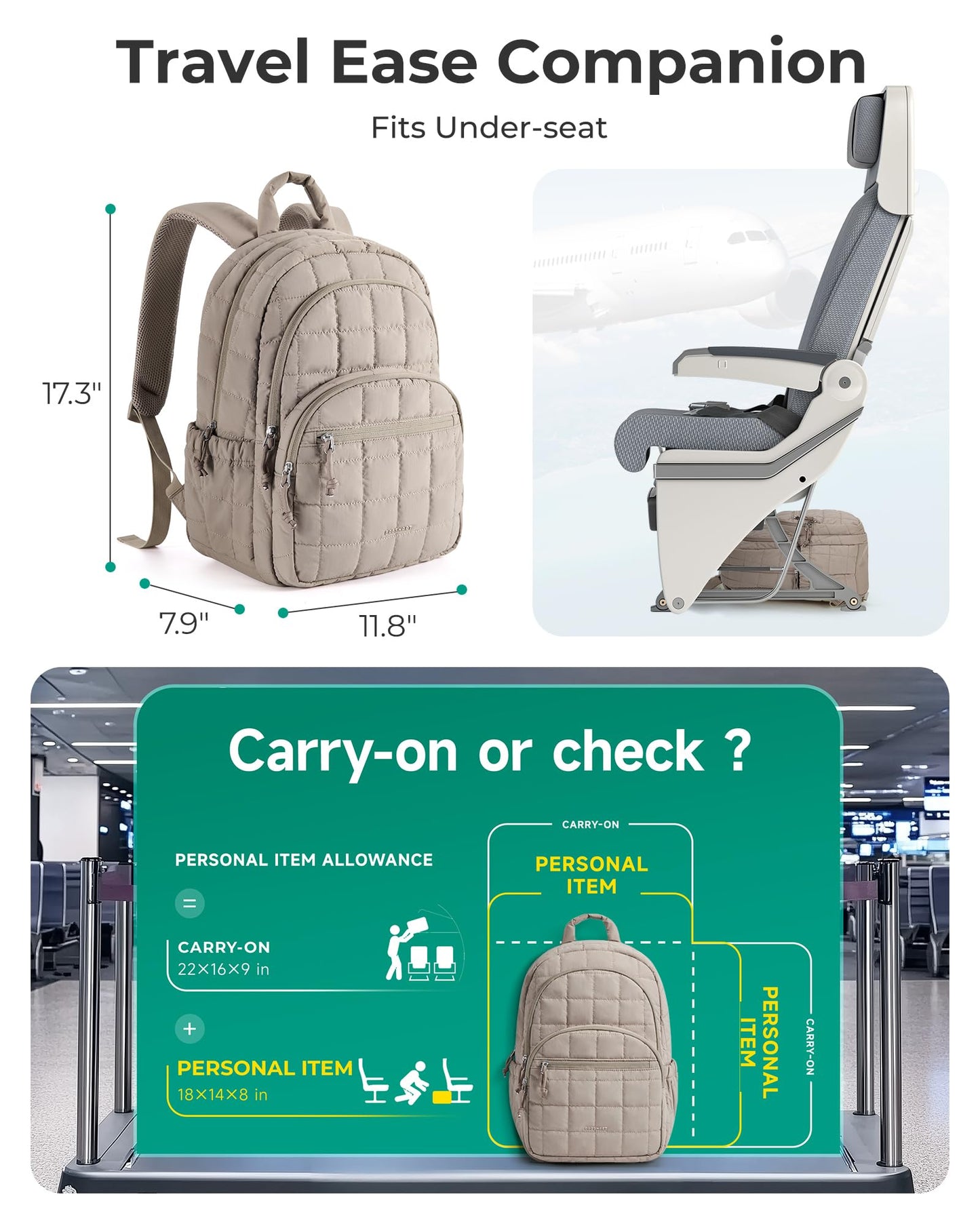 BAGSMART College Laptop Backpack, Travel Backpack for Women, Quilted Casual Daypack, Water-Resistant Bookbag for 15.6 Inch Laptop, Camel