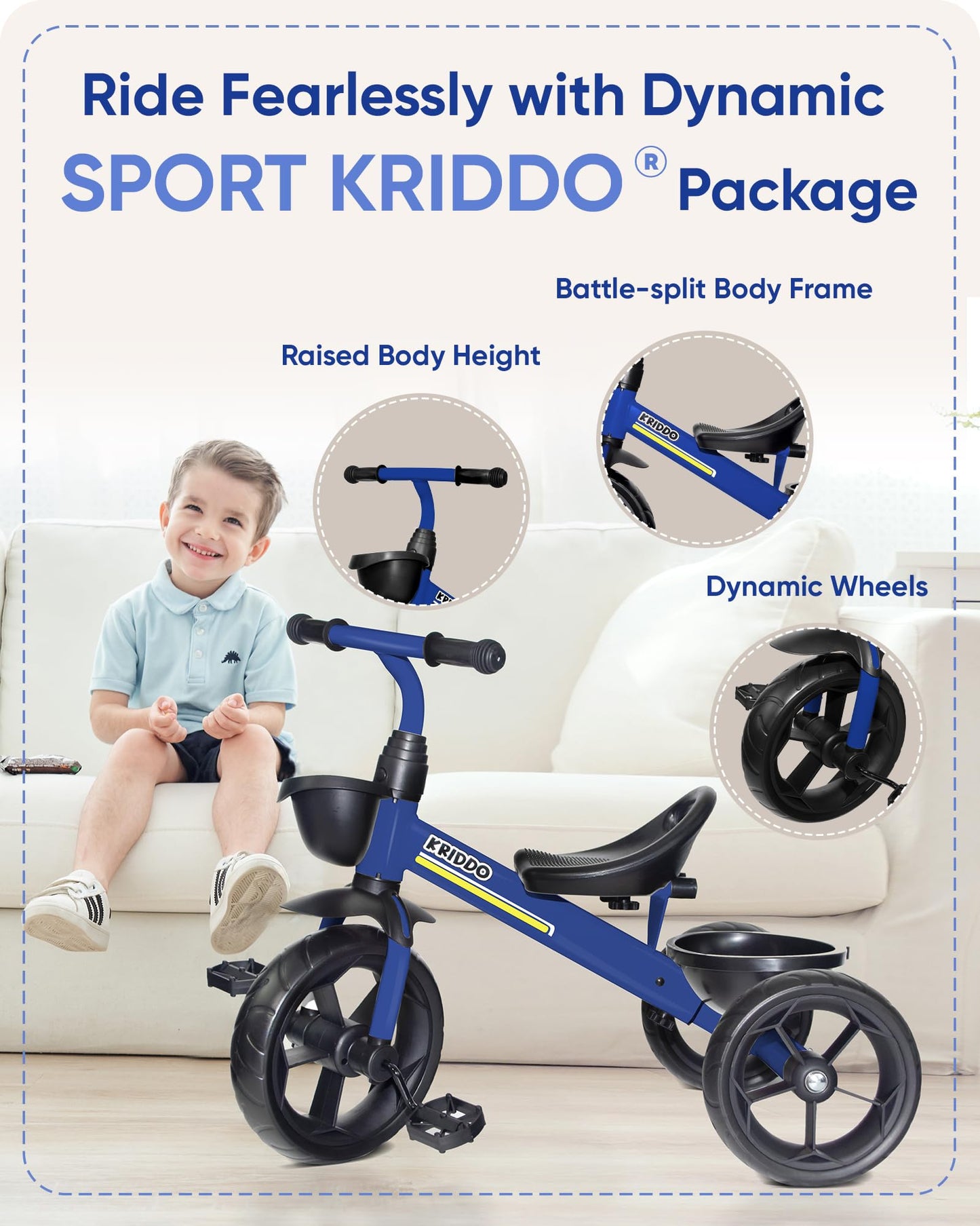 KRIDDO Kids Tricycles Age 24 Month to 4 Years, Toddler Kids Trike for 2.5 to 5 Year Old, Gift Toddler Tricycles for 2-4 Year Olds, Trikes for Toddlers, Sporty Styling, Blue