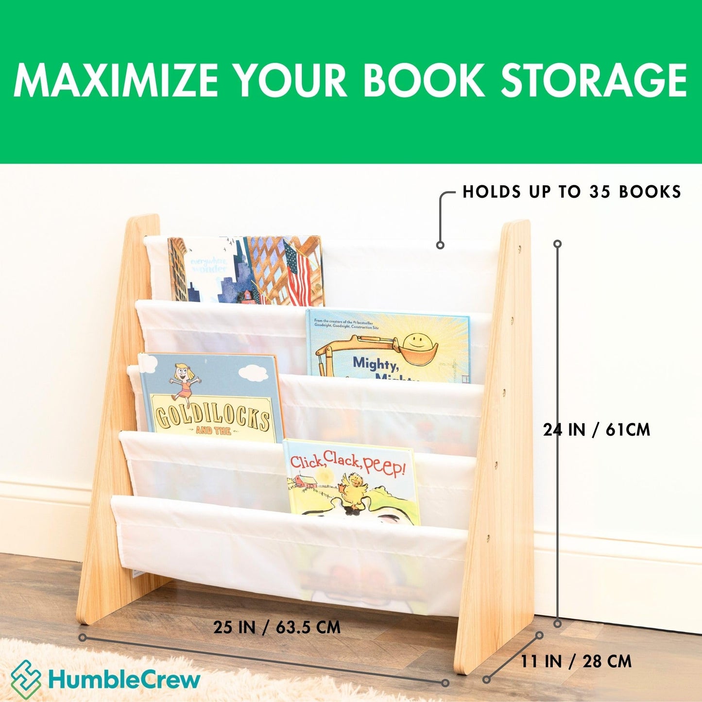 Humble Crew 4-Tier Kids Bookshelf, Natural Wood/White - Premium Book Shelf for Kids Rooms with Four Deep Pockets - Toddler Sling Book Rack with Deep Sleeves, Nursery Bookcase Organizer