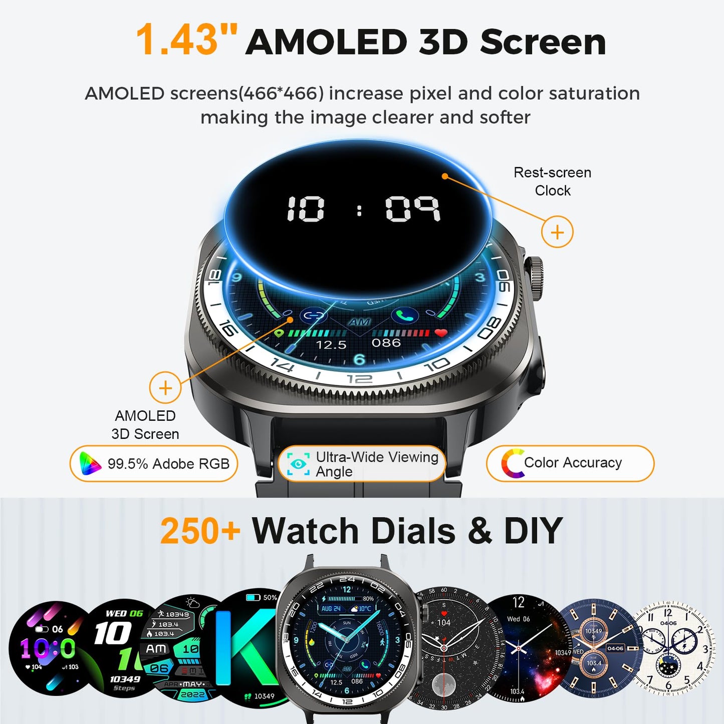 Smart Watch, 2025 AMOLED Screen 1.43" Smartwatch for Men Women (Answer/Make Call), 130+ Sport Modes Fitness Activity Tracker, Flashlight/660mAh/Heart Rate/Sleep Monitor, IP68 Waterproof Android iOS