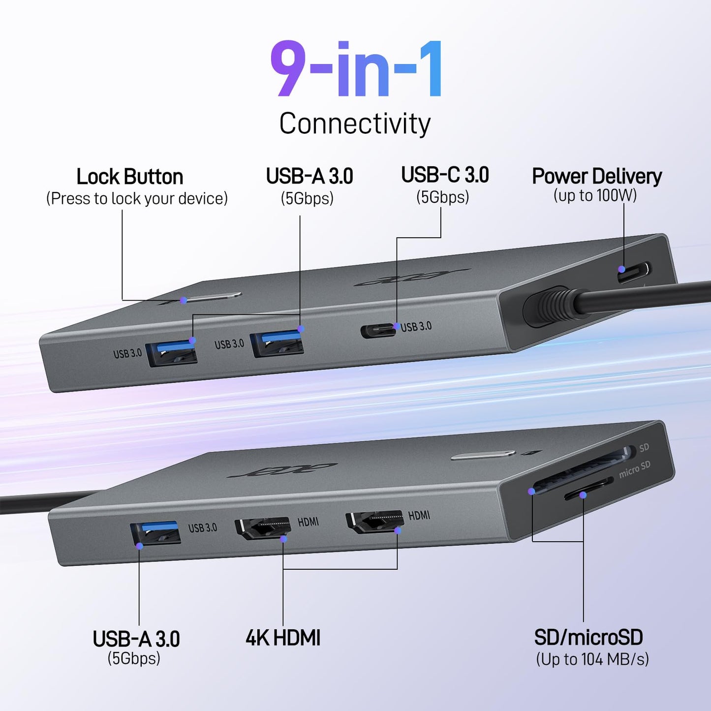 Acer USB C Docking Station Dual Monitor With 2 HDMI, 9-IN-1 Laptop Docking Station with 4K HDMI, USB A&C 3.0, SD/Micro SD, 100W PD Charging, USB C Dock Compatible with Acer/Dell XPS/HP/Mac/Surface etc