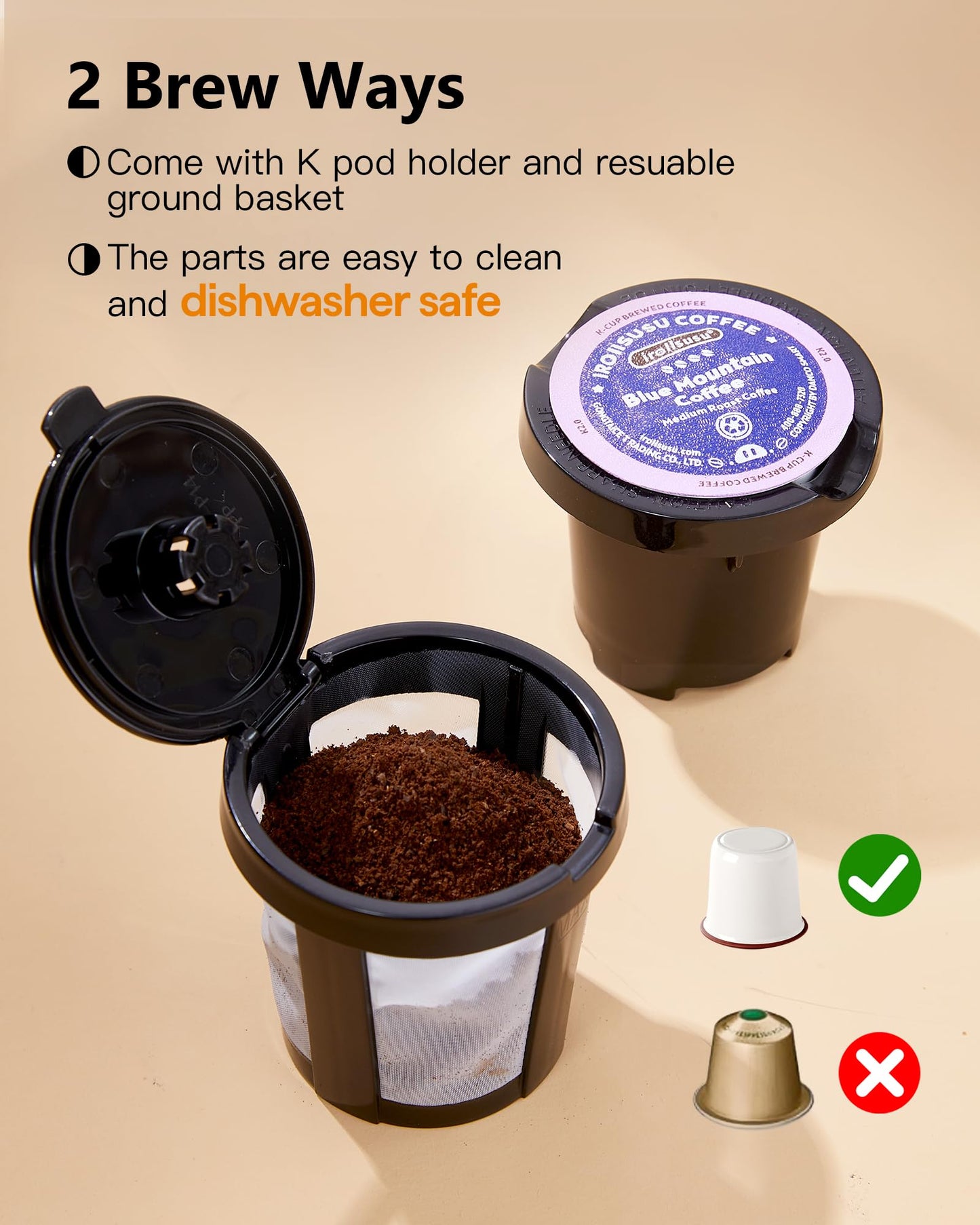 Tastyle Single Serve One Cup Coffee Maker, for K Cups and Grounds, Mini Coffee Maker with Portable Handle, 6 to 12 Oz Brew Size, for Travel, Camping, Office, RV and Dorm, Black and Gold