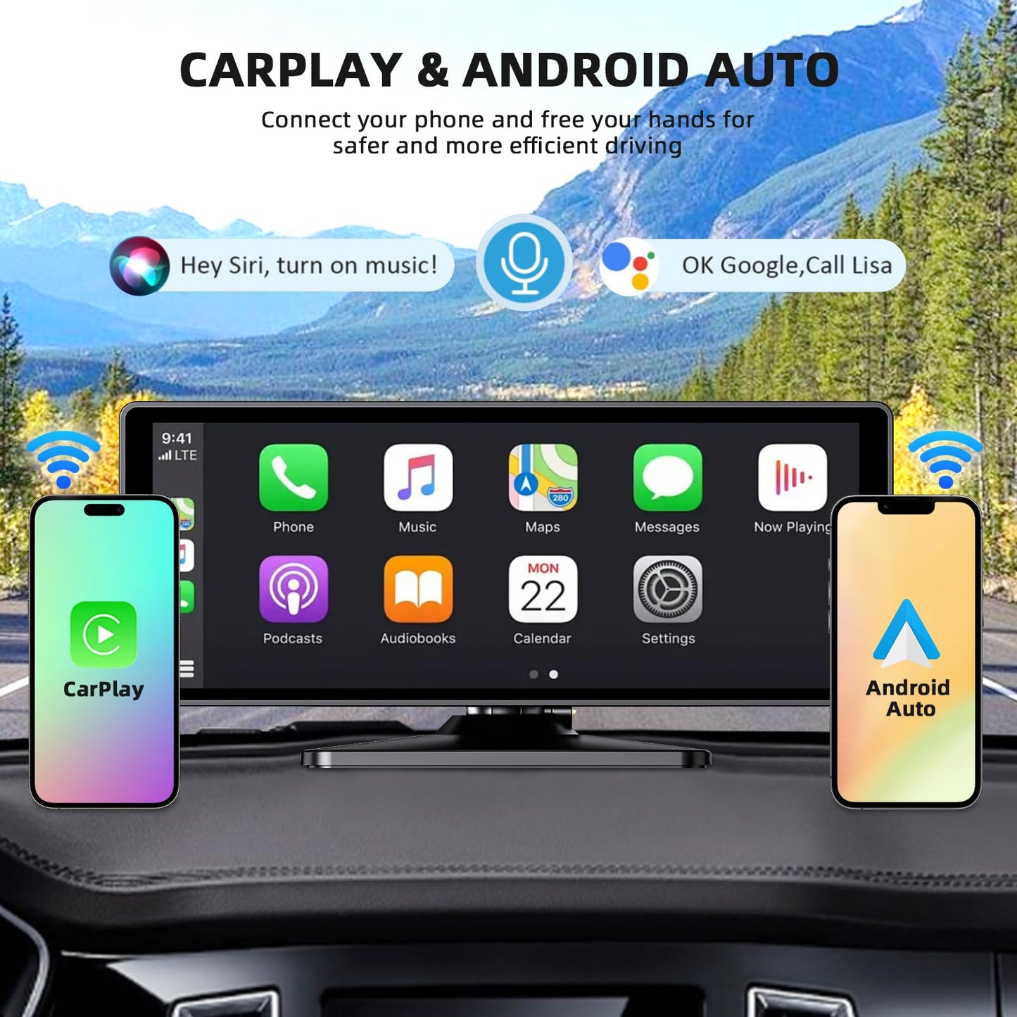 10.26 Inch Carplay Screen for Car, Portable CarPlay Screen with Wireless Carplay & Android Auto, 4K Dash Cam/1080P Backup Camera/GPS Navigation/Mirror Link/Bluetooth, Car Touch Screen with 64GB TF