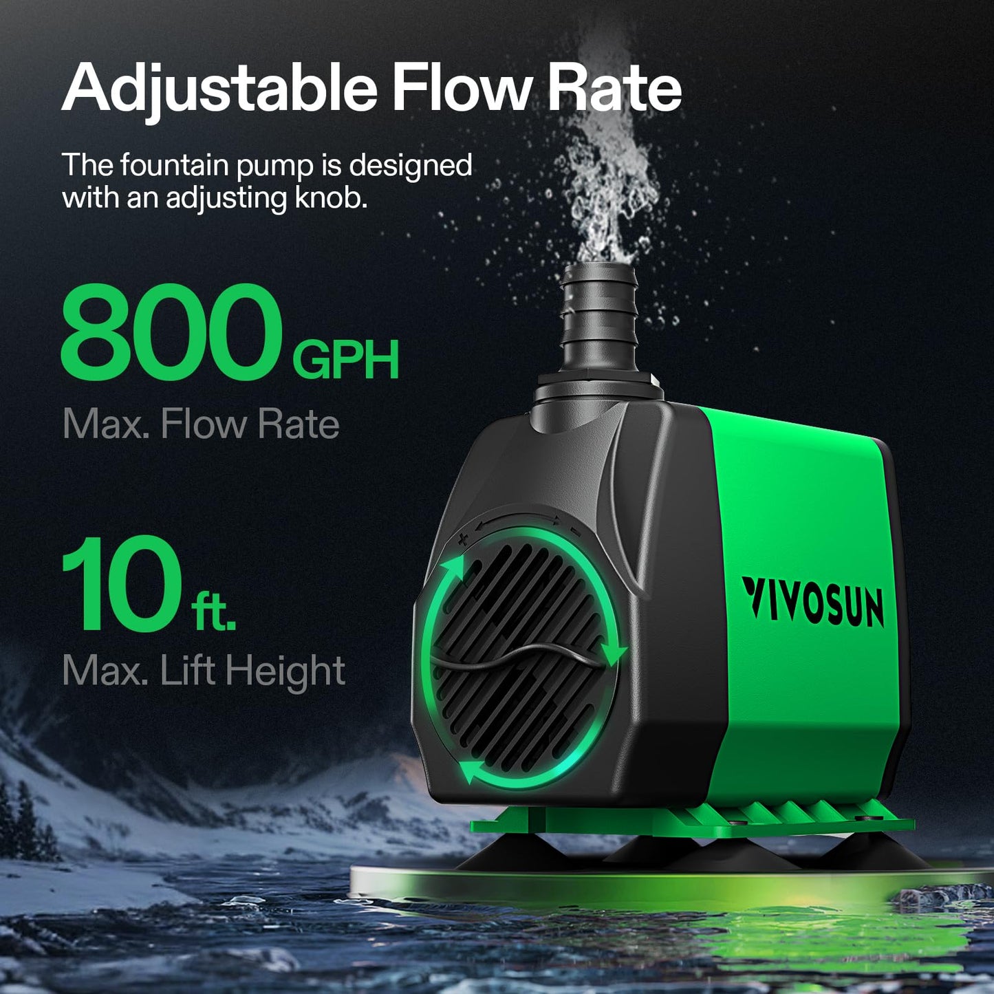 VIVOSUN 800GPH Submersible Pump(3000L/H, 24W), Ultra Quiet Water Fountain Pump with 10ft. High Lift with 6.5ft. Power Cord, 3 Nozzles for Fish Tank, Pond, Aquarium, Statuary, Hydroponics Green