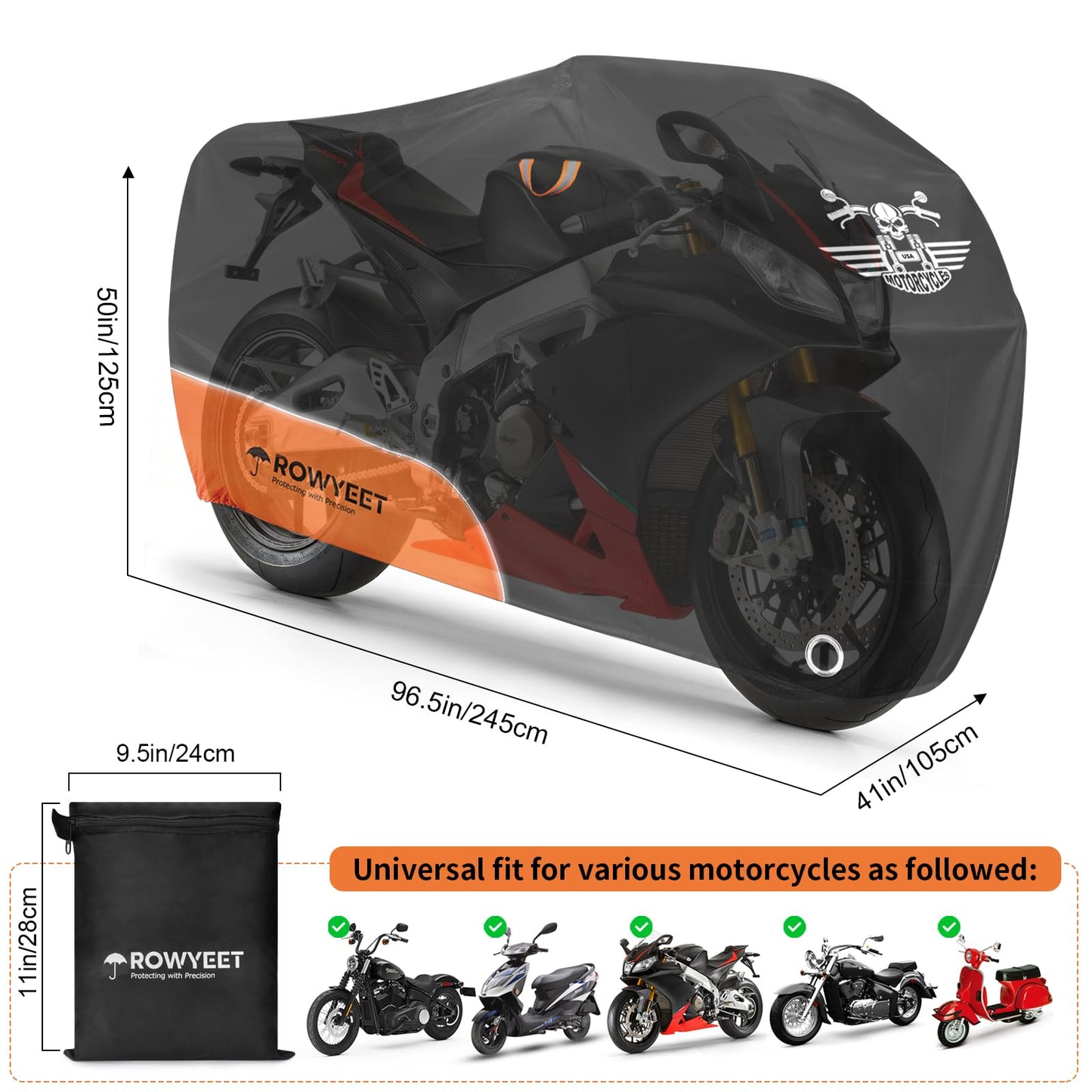 ROWYEET Motorcycle Cover Waterproof Outdoor Storage with Lock-Holes, Zipper Storage Bag & Night Reflective Design, All Season Protection Powersports Vehicle Covers Fits up to 96.5" Motorcycles
