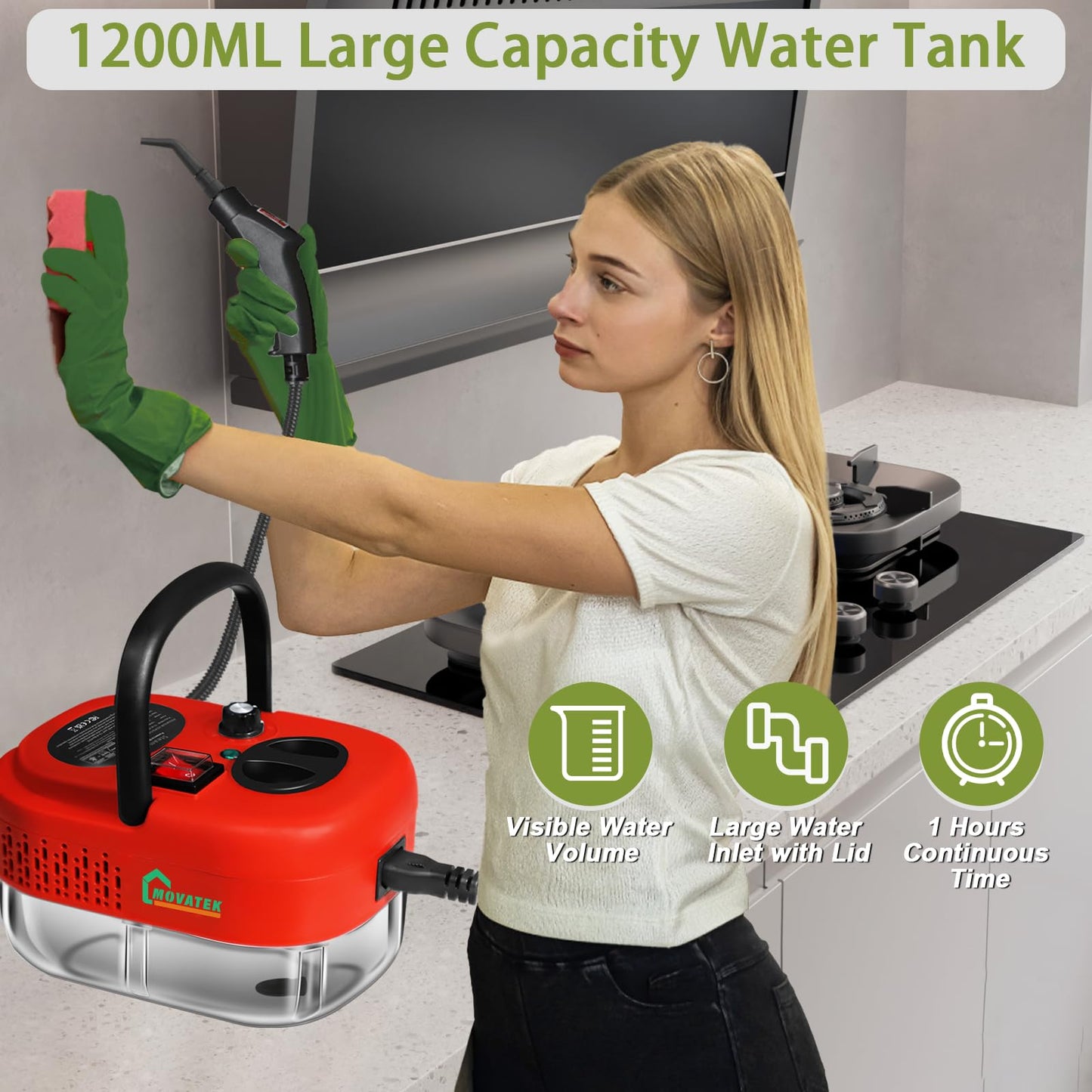 Handheld Steam Cleaner with 1200ml Large Water Tank & High Pressure - for Floors, Upholstery, Grout, Cars, Tiles, Windows, Kitchen