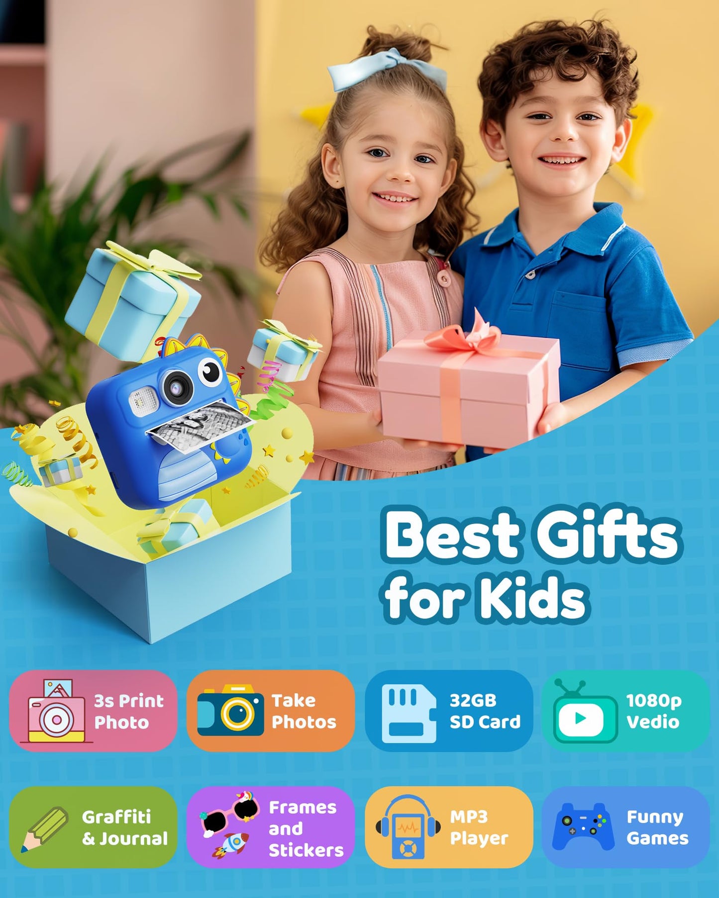 KOKODI Kids Camera Instant Print, Toddler Cameras Christmas Birthday Gifts for Boys Age 3-12, Digital Video Instant Print Camera for Kids, Toys for Ages 5-7 (Blue)
