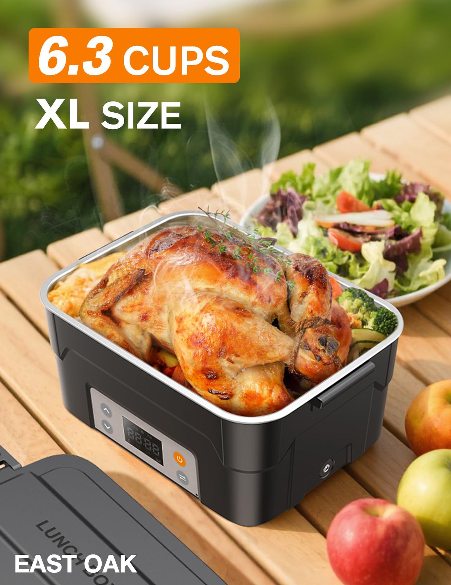 EAST OAK XL 6.3-Cup Cordless Electric Lunch Box for Adults, Heated Lunch Box for Men with Scheduled Heating, Portable Car Food Warmer with Utensils, Two-Tier Bag, Removable Divider