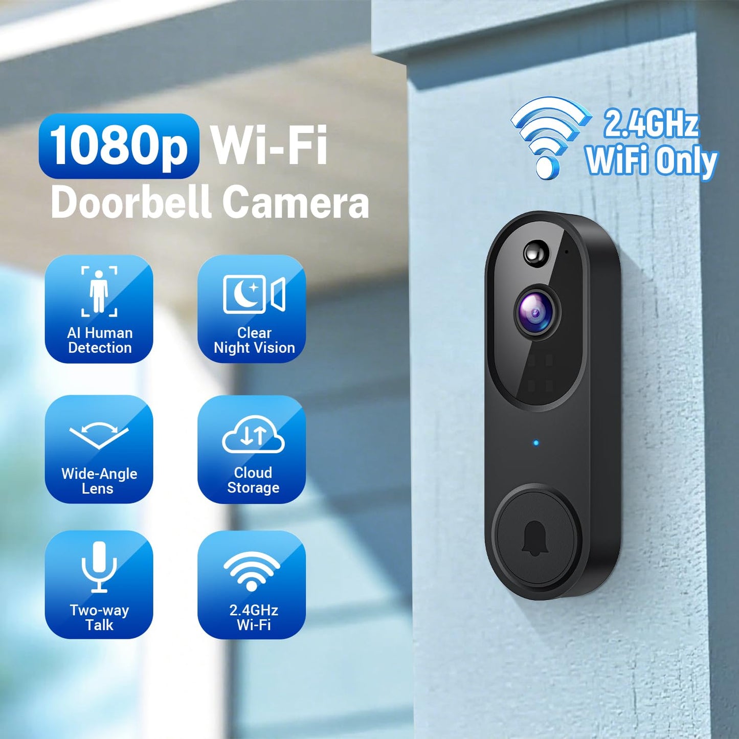 Wireless Wi-Fi Video Doorbell Camera with AI Motion Detection, 2 Way Audio, Night Vision, Cloud Storage, 2.4GHz Wi-Fi Only, Battery Powered