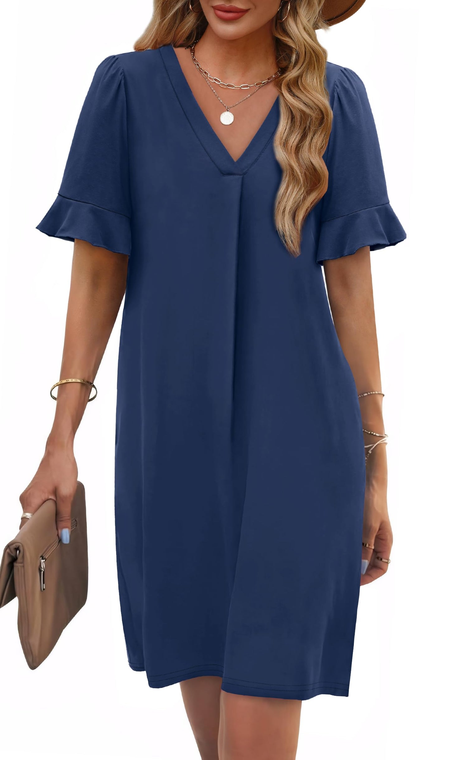 OFEEFAN Navy Blue Dress for Women Summer V Neck Dinner Dresses for Women 2025 with Pockets S