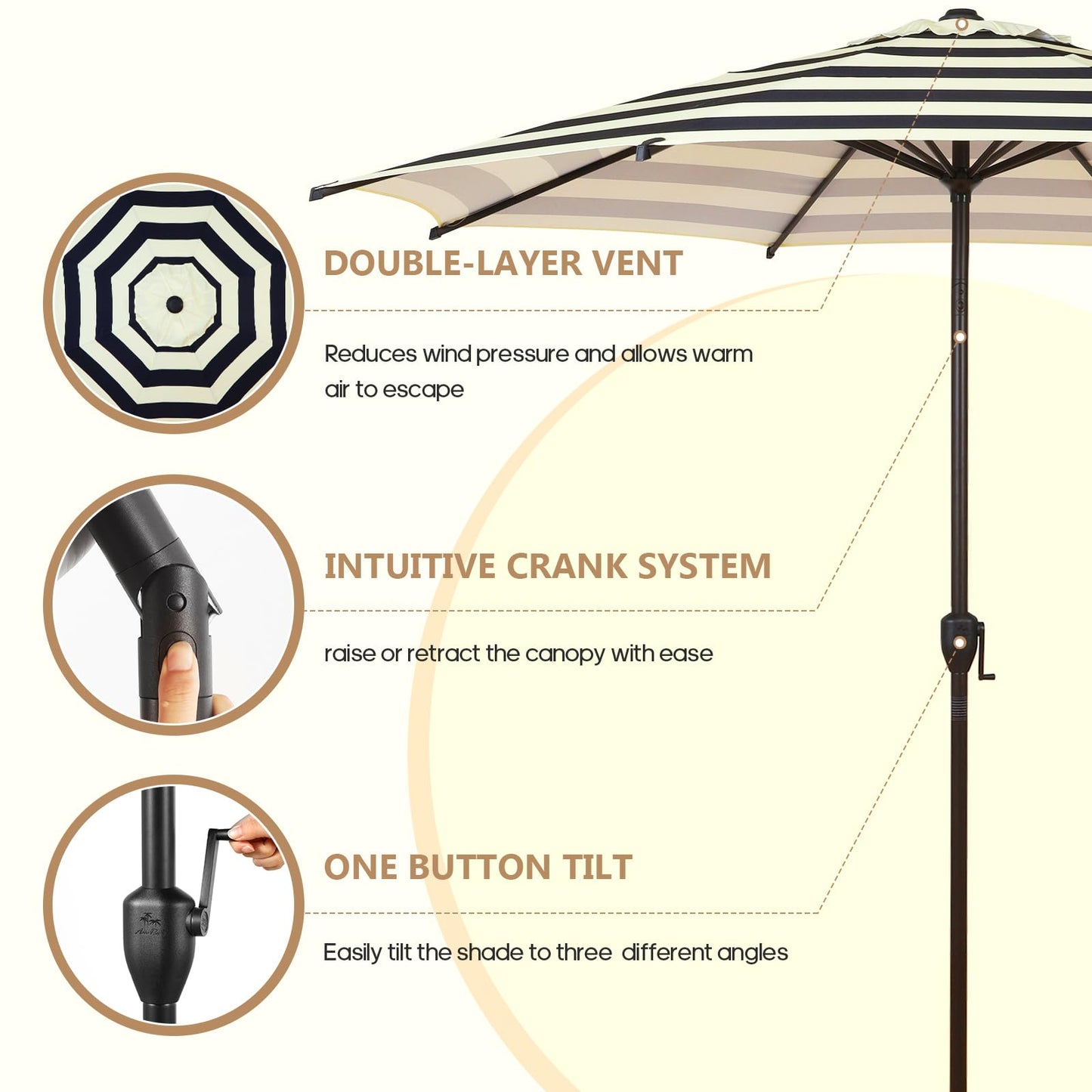 Abba Patio 9FT Lyon Outdoor Patio Umbrella Outdoor Table Umbrella with Push Button Tilt and Crank Market Umbrella 8 Sturdy Ribs UV Protection Waterproof for Garden Deck Backyard Pool, Stripe(Beige and Black)