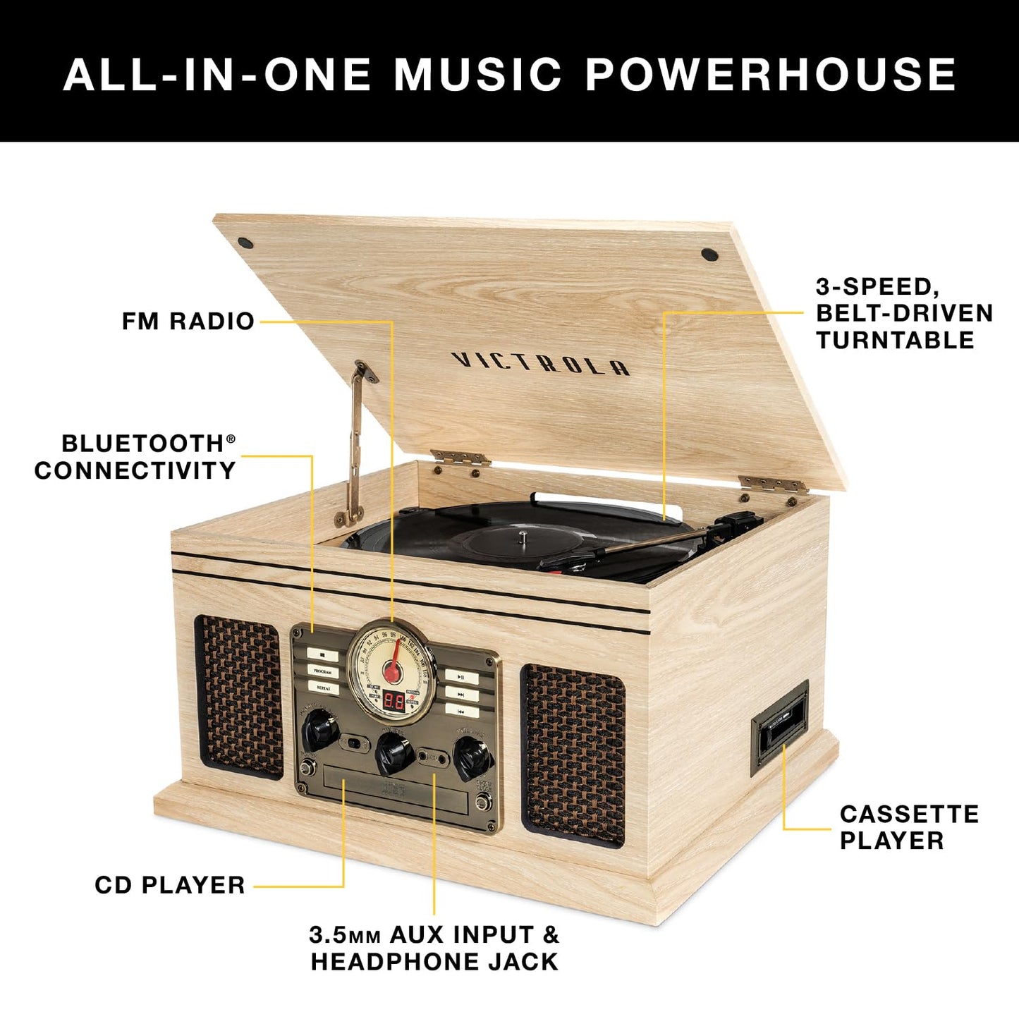 Victrola The Quincy 6-in-1 Bluetooth Record Player & Multimedia Center with Built-in Speakers – 3-Speed Turntable, CD & Cassette Player, AM/FM Radio, Wireless Music Streaming (Farmhouse Oatmeal)