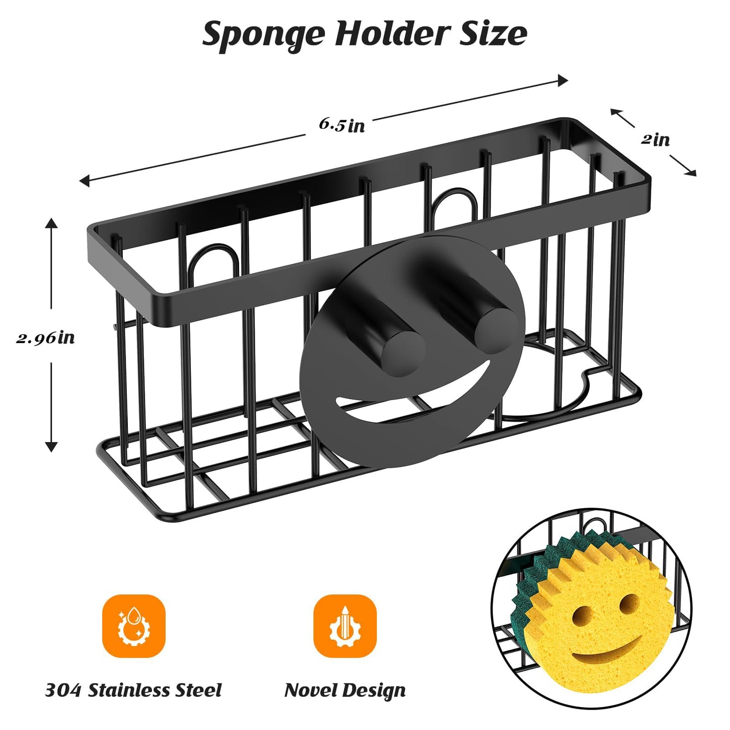MURLONG Sponge Holder Smiley Face, Sink Caddy for kitchen Sink, Kitchen Organizer Sponge Holder with 2 PCS Suction Cups/1 PCS Adhesive Strips, Designed for Sponge, Soap, Dish brush, Scrubber-Black