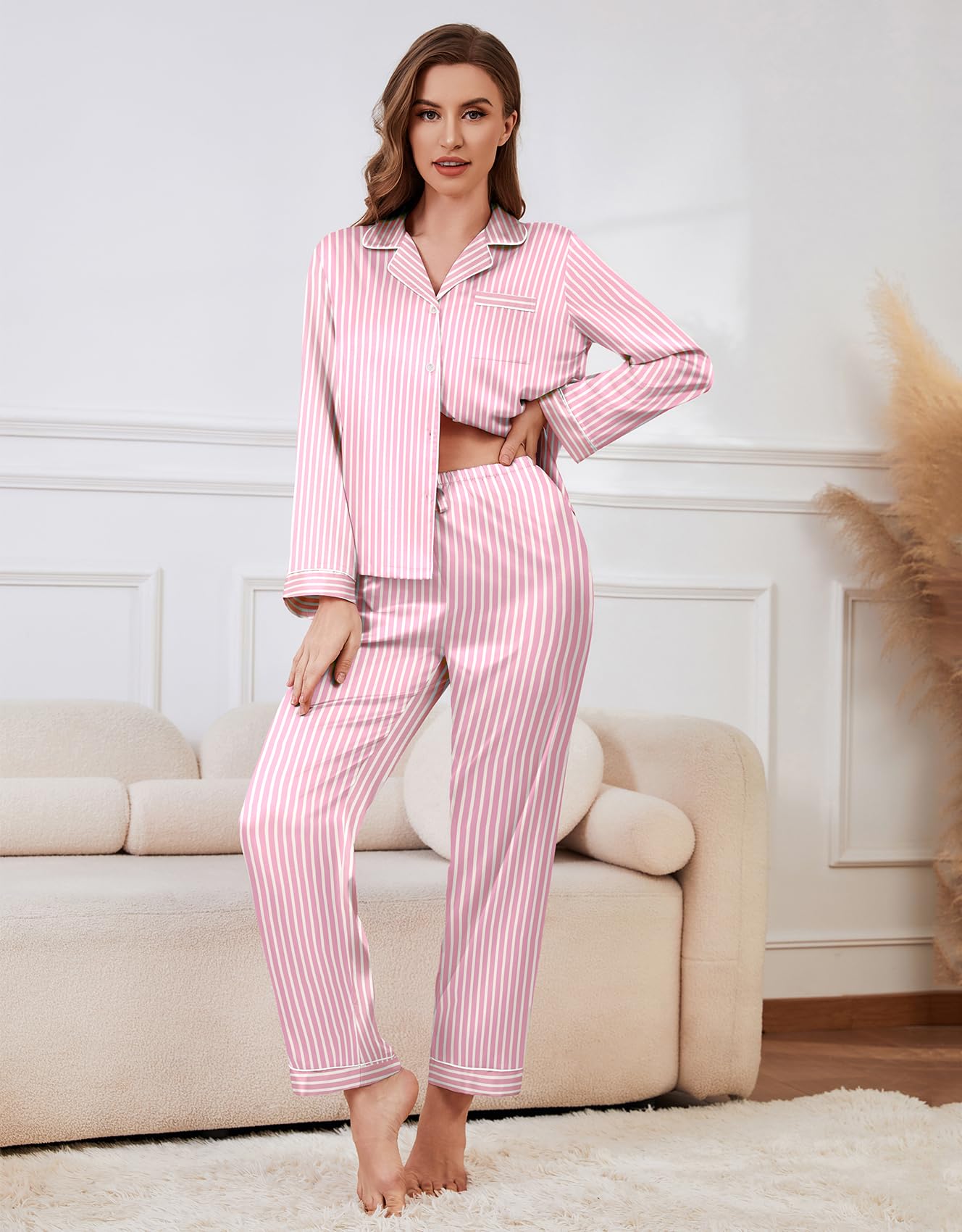 SAPJON Satin Silk Pajamas for Women Set 5PCS Classic Button Down Pajamas Top and Pants Cami and Ruffle Shorts Sleepwear Pink Stripe