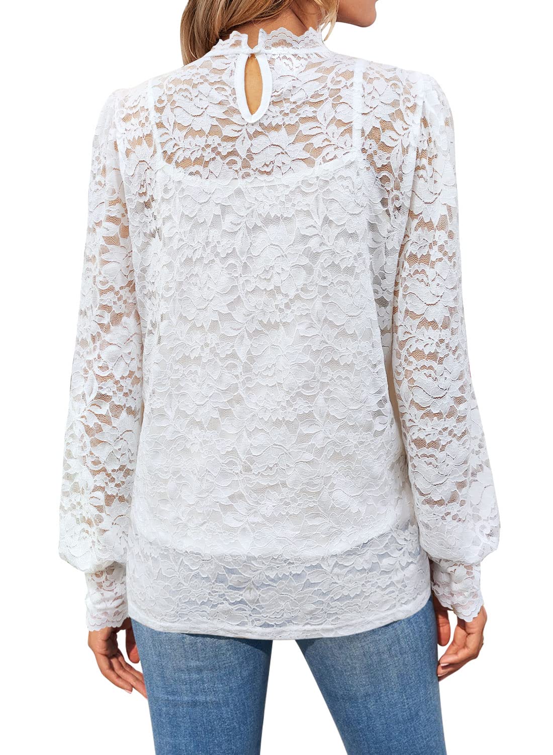 DOROSE Womens Lace Floral Tops Puff Sleeve Mock Neck Blouses White S