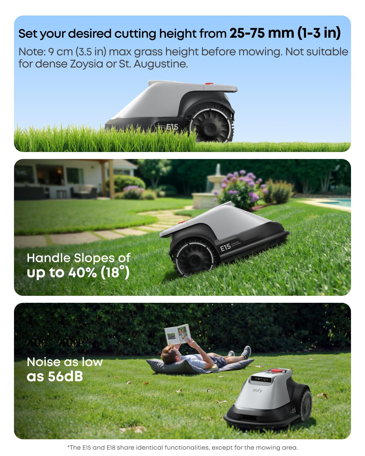 eufy E18 Robot Lawn Mower,Max 0.3 Acres,Wireless Robot Mower with Auto Mapping,Vision Navigation,Multi-Zone Management,Robotic Lawnmower with AI Obstacle Avoidance,APP Control,18°Slope,Cut Height1-3"