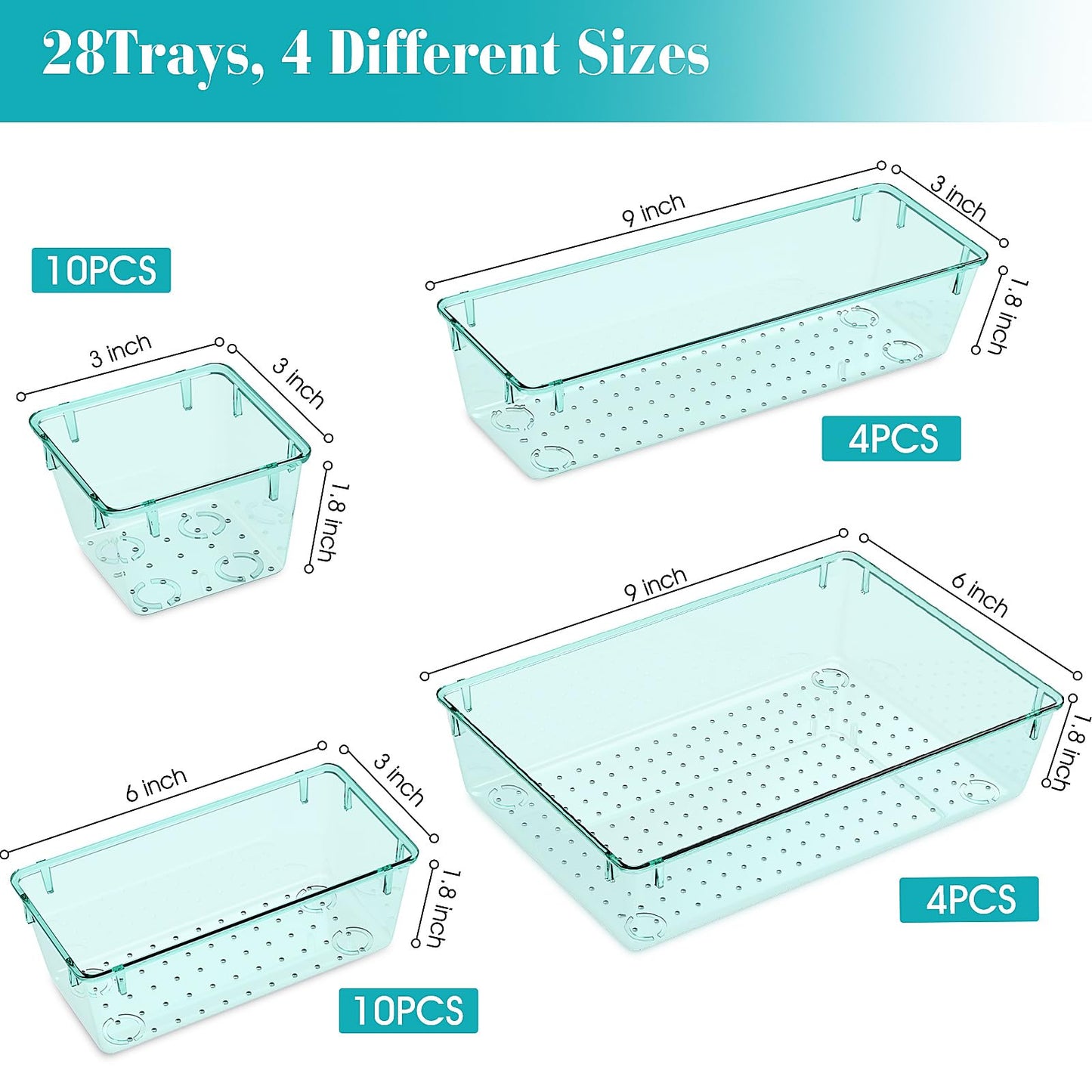 StorMiracle 28 PCS Clear Plastic Drawer Organizers Set, 4 Size Desk Drawer Organizer Trays for Makeup, Jewelry, Kitchen Utensils, Gadgets and Office Accessories, Sea Blue