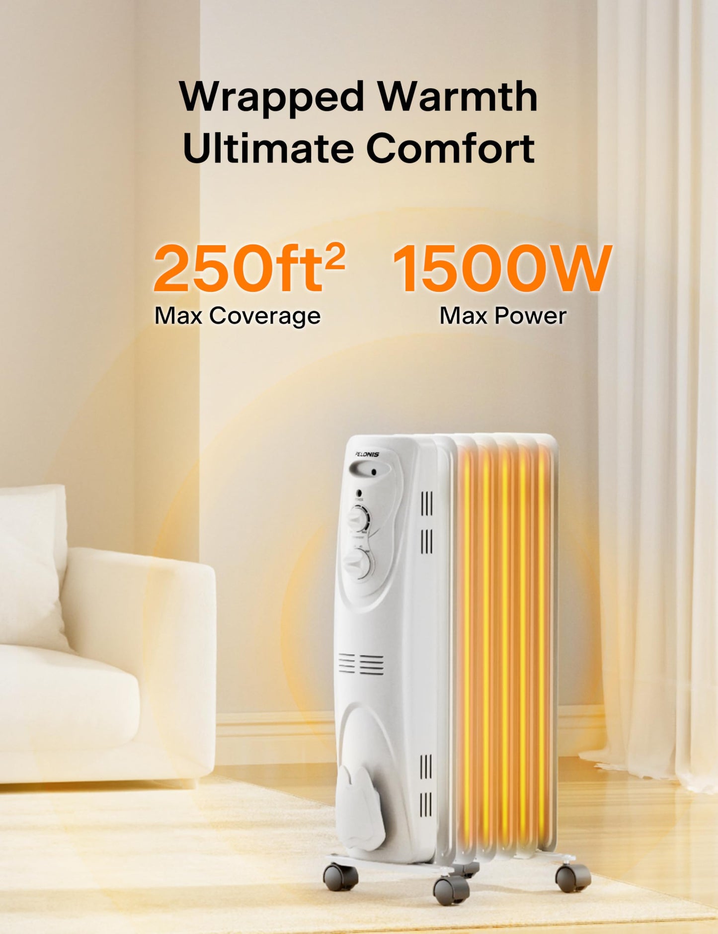 PELONIS Radiator Heater for Large Space, Electric Oil Filled Radiator, Dual Knobs, 1500W, Quiet Space Heater, 3 Modes, Tip-over Protection