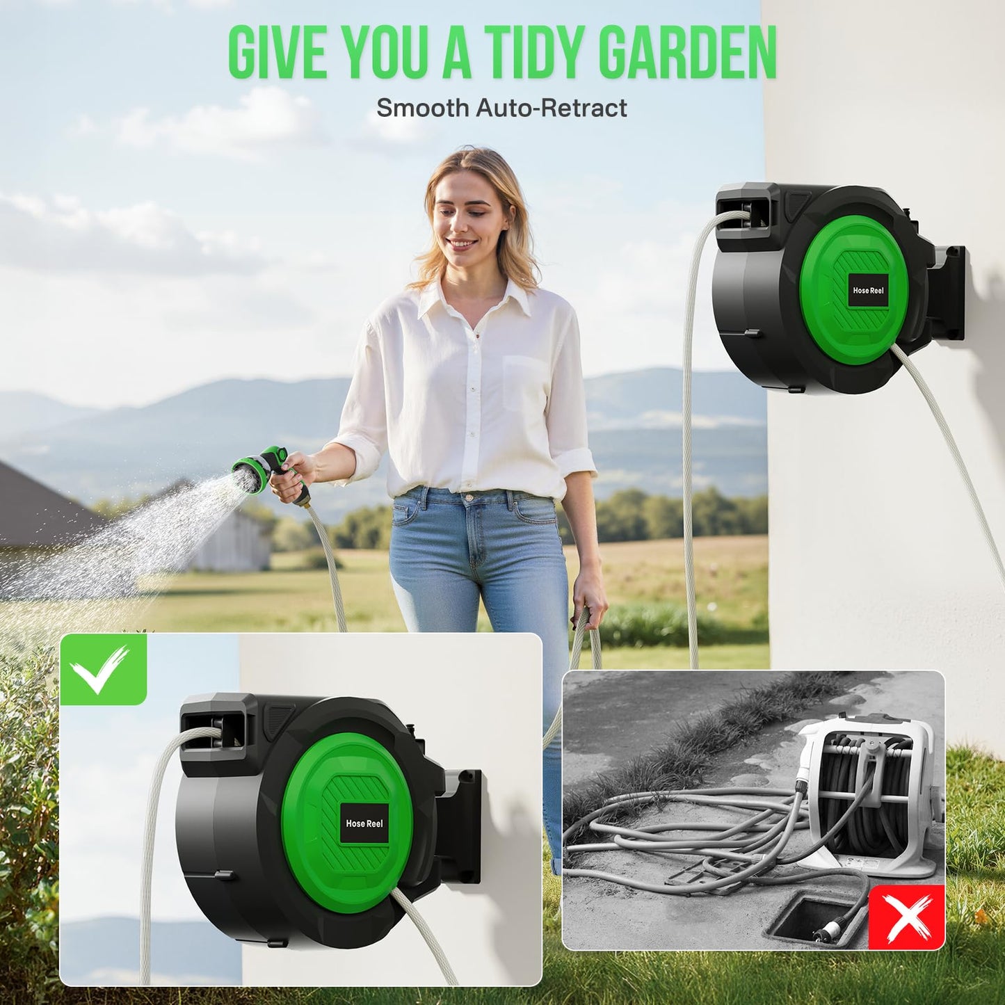 Retractable Garden Hose Reel, 1/2 in x 100 ft Heavy Duty Wall-Mounted Hose Reel with 180° Swivel Bracket, 10-Pattern Nozzle, Automatic Slow Return System, Any Length Lock for outside Watering,Cleaning