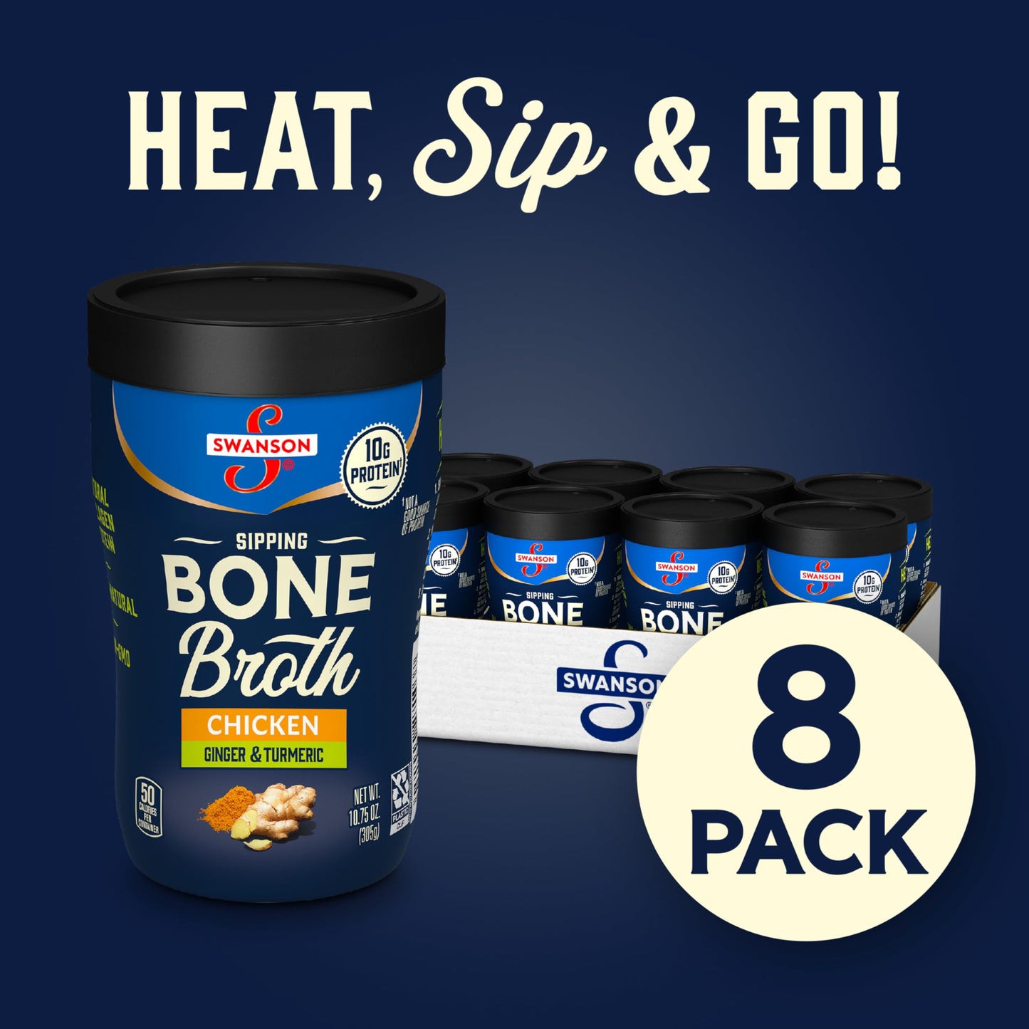 Swanson Sipping Bone Broth, Chicken Bone Broth with Ginger & Turmeric, 10.75 Ounce Sipping Cup (Pack of 8)