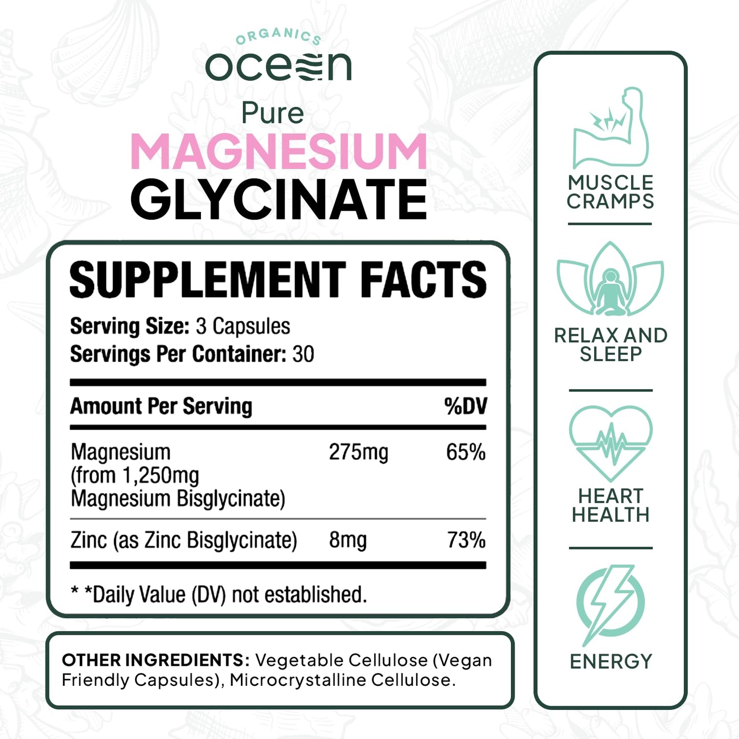 Organics Ocean Pure Magnesium Glycinate with Zinc - Maximum Strength Chelated Magnesium Supplement for Women and Men for Muscle Cramps and Sleep Support - 90 Capsules