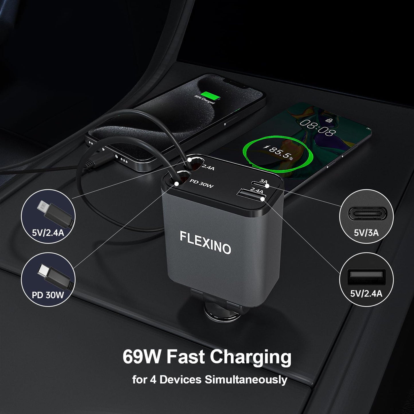 Flexino Retractable Car Charger, Car Charger for iPhone 16, USB C Car Charger Adaptor, 69W Fast Car Charger, Compact Car Phone Charger, Fit for iPhone 16/15/14/13/12, Samsung, Grey