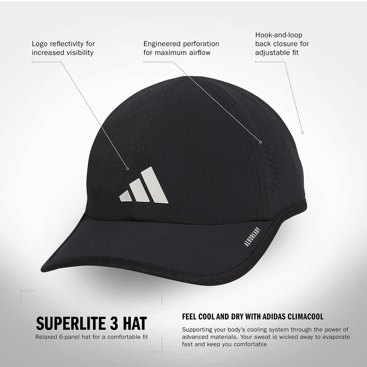adidas Superlite, Athletic Caps, Running Hat Men, Black/White/3.0, One Size