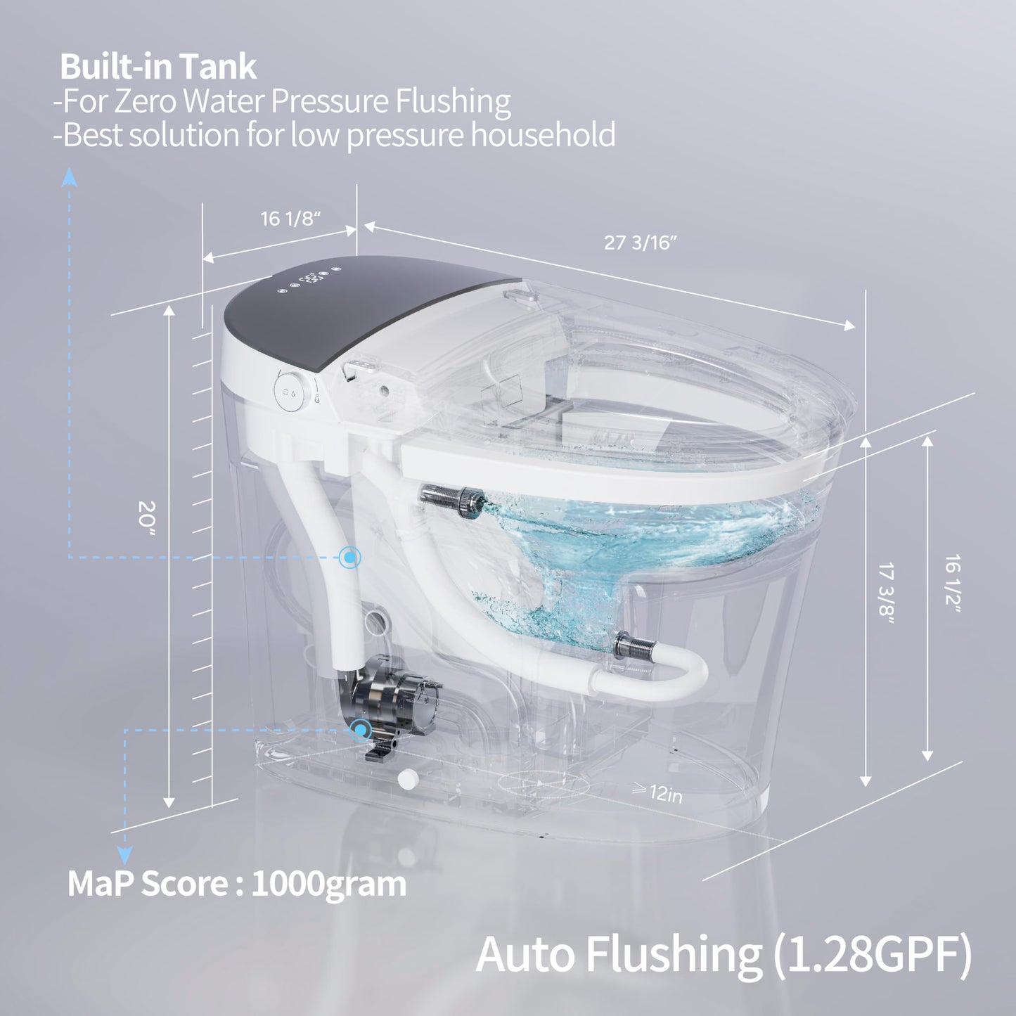 CANEST Smart Toilet with Bidet Built in, 1000 Gram MaP Flush Score, Bidet Toilet 12" Rough-in, Dual-Flush 1.1/1.6GPF with 17" ADA Comfort Chair Height Seat, Auto Open Close, Heated Seat, Night Light