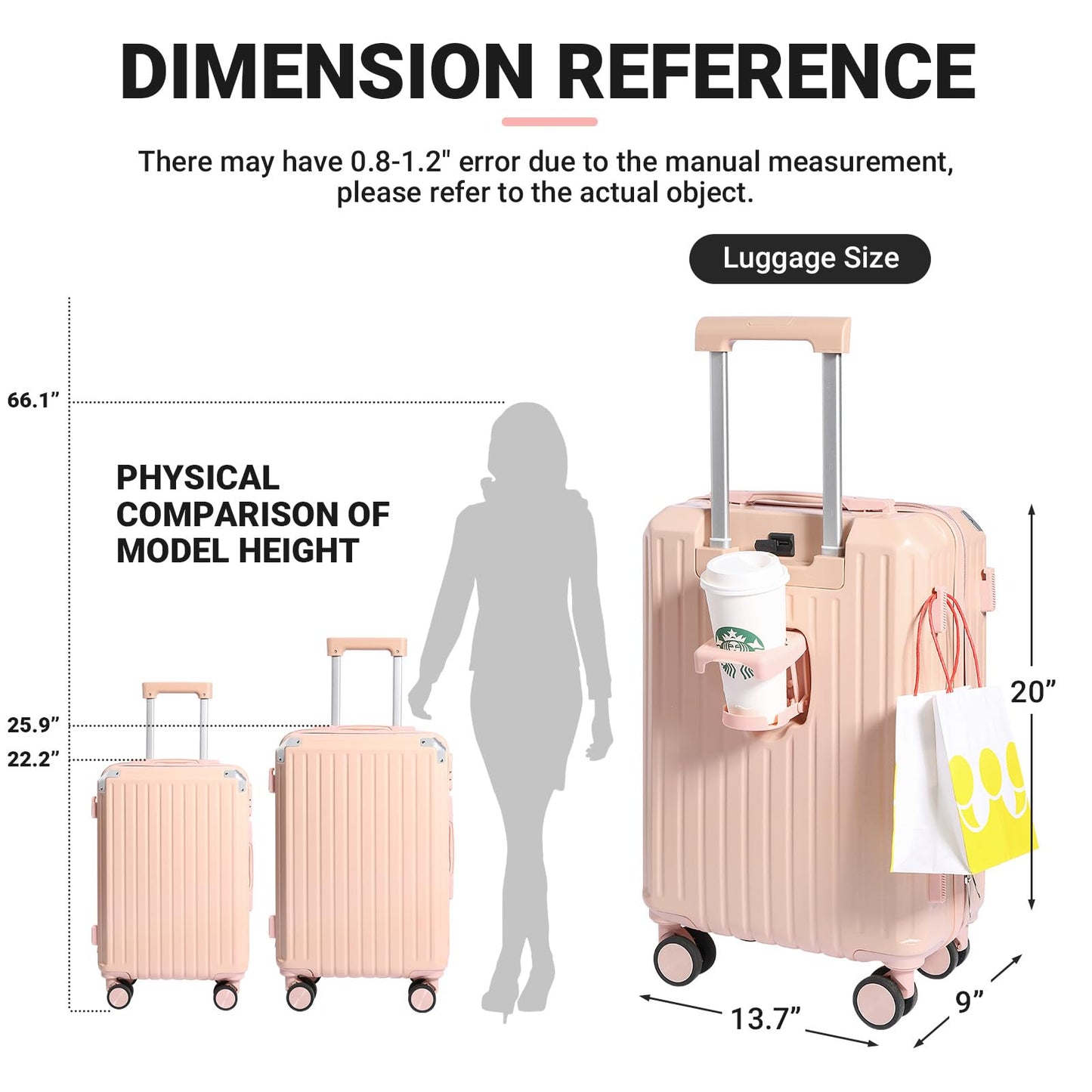 YANQIAO Carry-on Luggage with Cup Holder & USB Charging Port, Hard Side Luggage with Spinner Wheels, Lightweight Luggage for Travel, Business, School (Pink, Carry-On 20-Inch)