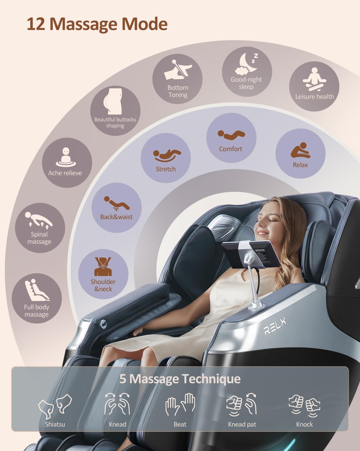 RELX Massage Chair Full Body, Zero Gravity SL-Track Shiatsu Massage Chair, 12 Modes, Airbag Massage, with Heat Body Scan Bluetooth Foot Roller, AI Control(Black)