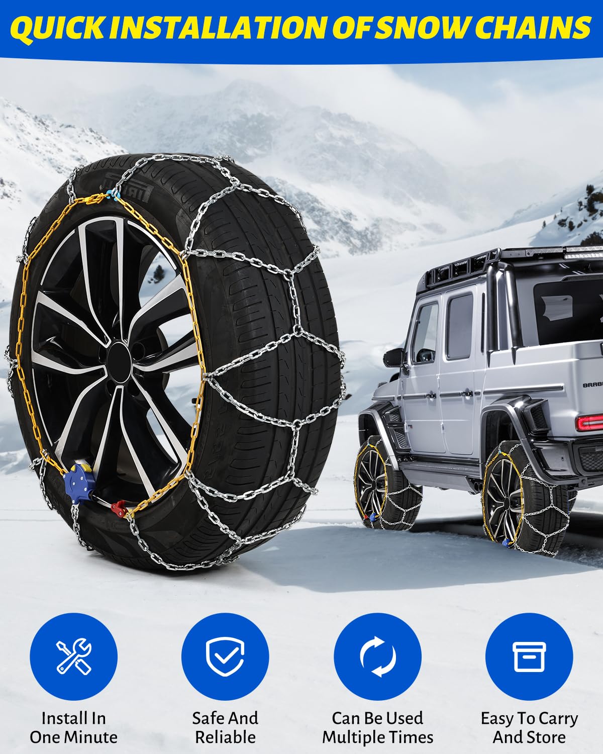 Auto Fixing Snow Chains Tire Chains For Cars Suv Pickup Trucks - Auto Fixing 1 Min Quick Fit AND Easy Installation, Reusable Universal Emergency Traction Snow Chains - Set of 2(HKN140)