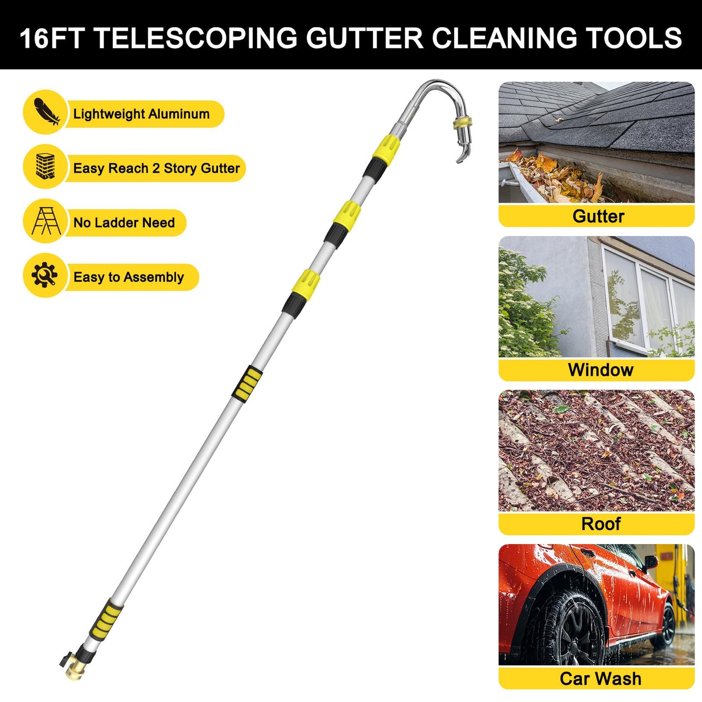 SISUPASSIE 24FT Reach Gutter Cleaning Tools from Ground, Telescopic Rain Gutter Cleaners Tool with Quick Connect Adapter and Heavy Duty Wand for 2nd Story House