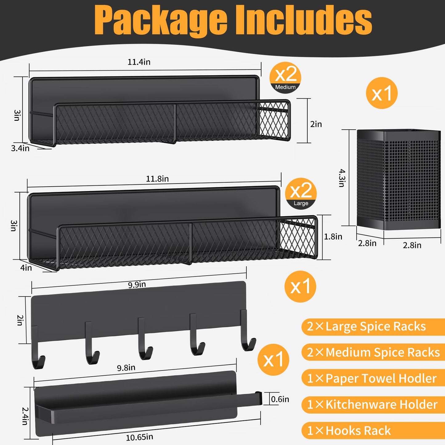 Magnetic Spice Rack for Refrigerator, 7 Pack 100% Metal Strong Magnet Shelves, Kitchen Spice Organizer W/ Hook Rack, Paper Towel Holder, Utensils Caddy, Home Laundry Room Storage Organization (Black)