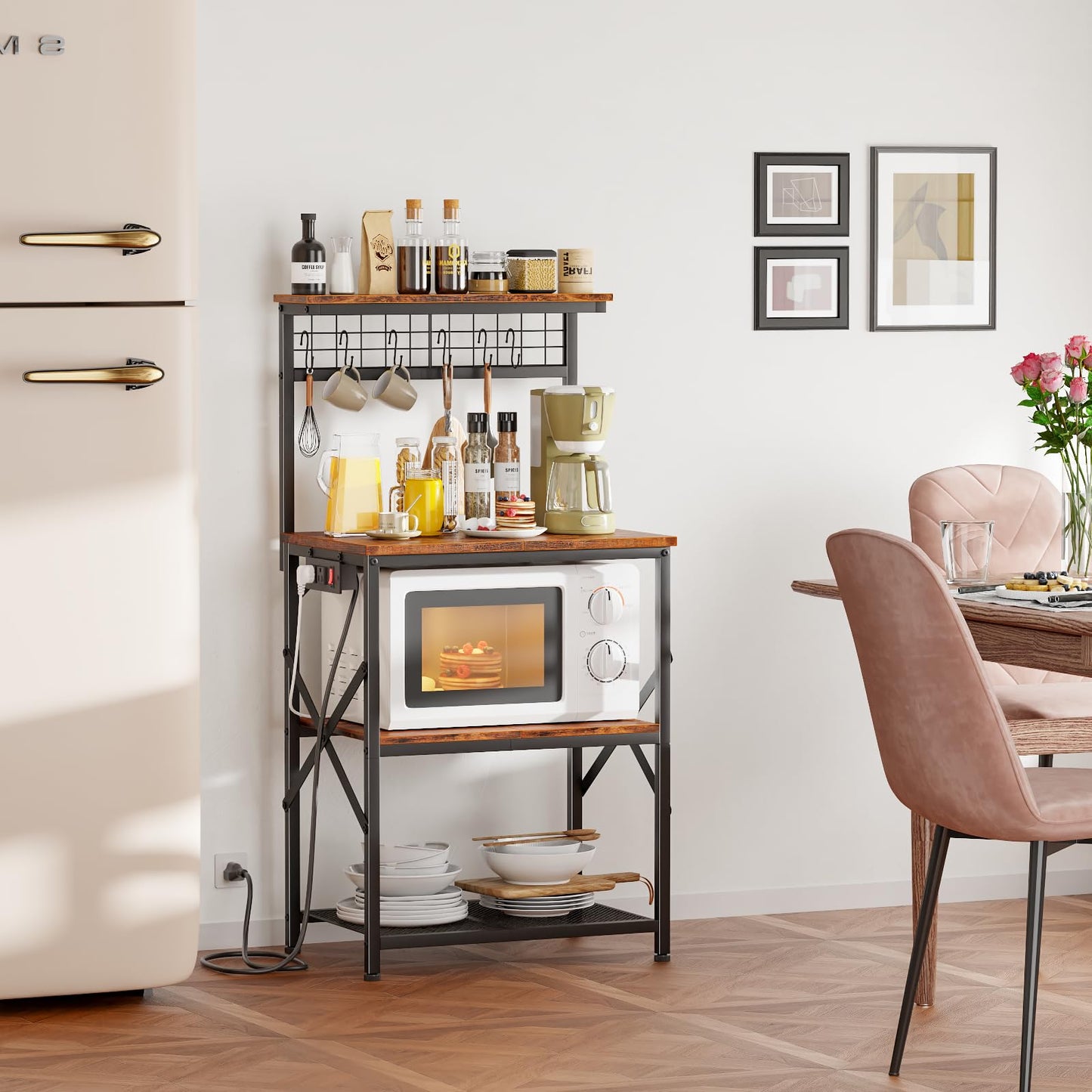 Furologee Kitchen Bakers Rack with Power Outlet, Microwave Oven Stand with Storage 4 Tiers, Coffee Bar Table with 6 S Hooks, Kitchen Storage Shelf Rack for Spices, Pots, Rustic Brown