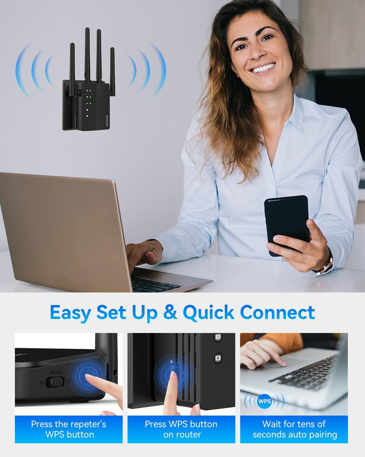 WiFi Extender Signal Booster with Dual Band 5GHz/2.4GHz, WiFi Booster Up to 12880 Sq. ft and 105 Devices, WiFi Booster with Ethernet Port, WiFi Extenders Signal Booster for Home and Outdoors