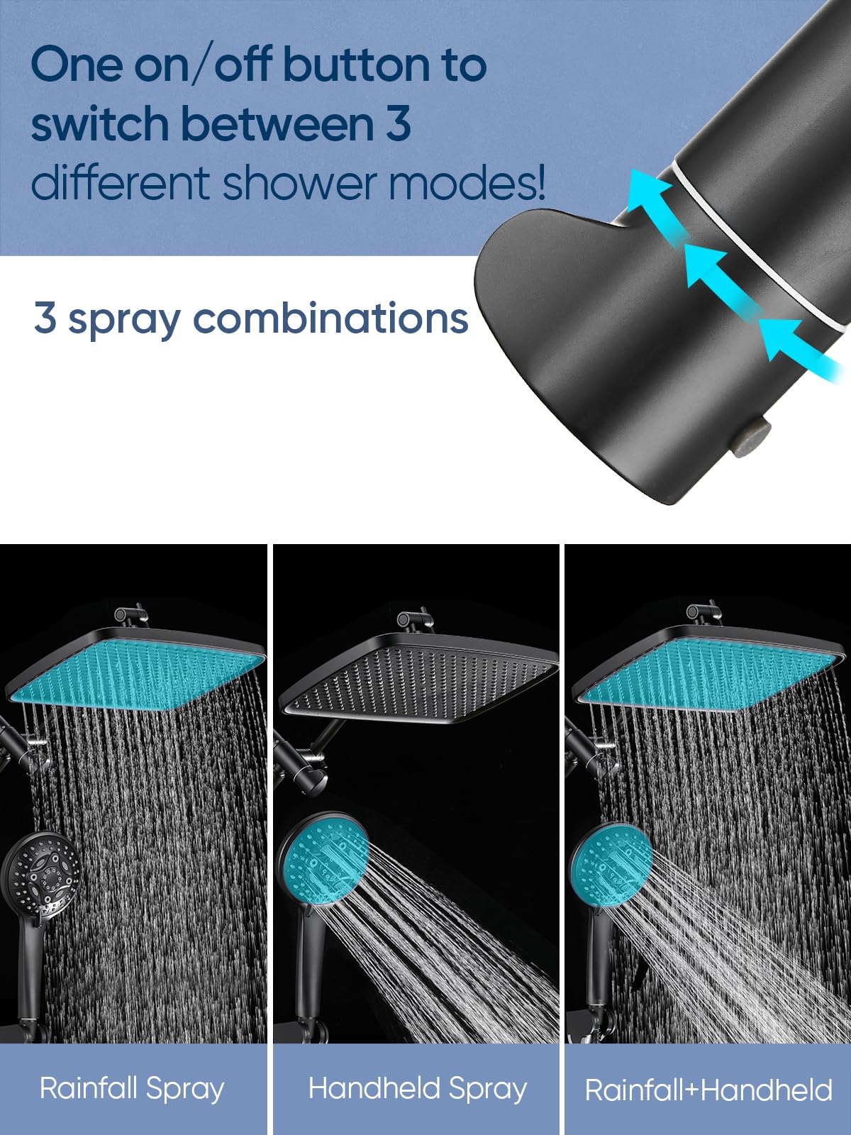 Heemli 12 Inch Rain Shower Head - High Pressure Shower Head, Dual Shower Heads with 8 Modes Handheld Spray Combo - Upgrade Extension Arm Height Adjustable, Black